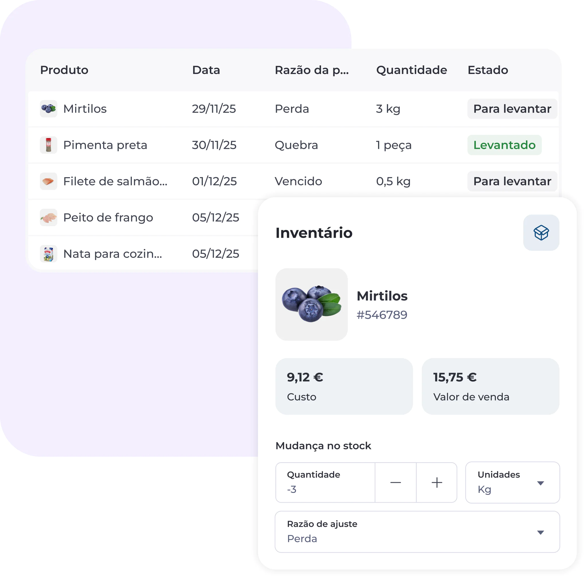 Um ecrã de gestão de inventário digital apresenta uma lista de produtos com etiquetas de estado e uma janela pop-up detalhada sobre os mirtilos, mostrando o custo, o valor e as opções de ajuste de stock.