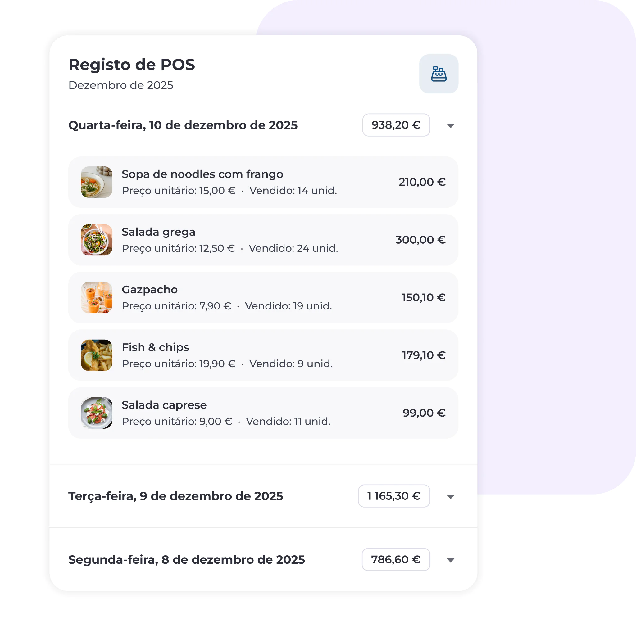 Registo de vendas do POS em português, apresentando os produtos alimentares, os preços unitários e os totais de vendas relativos a dezembro de 2025. Os pratos incluem macarrão, salada grega, gaspacho, fish & chips e salada caprese, com os valores diários e detalhados das vendas.
