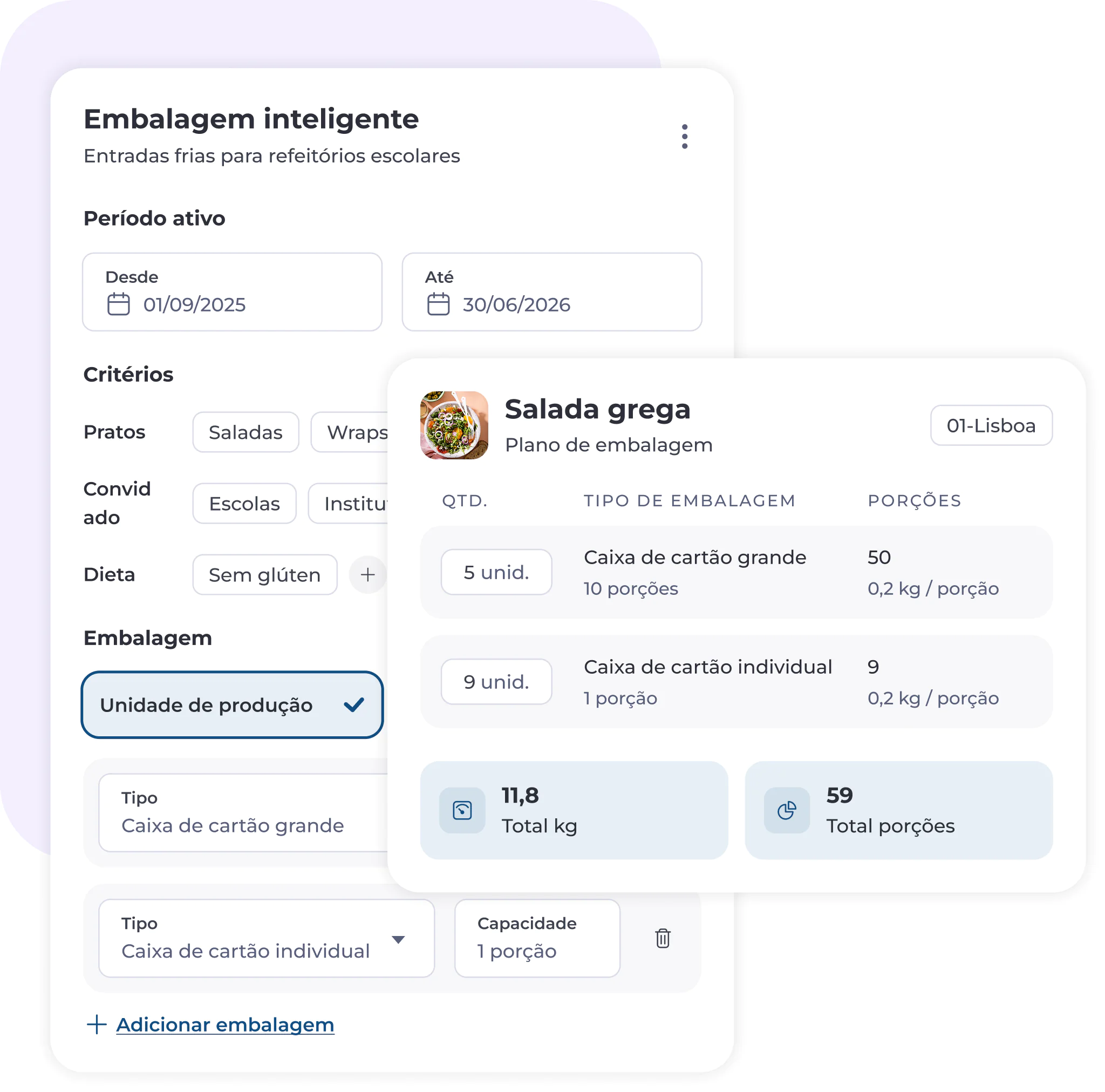 Captura de ecrã de uma aplicação de gestão de embalagens alimentares que mostra os detalhes das embalagens para refeitórios escolares, incluindo tipos de produtos, critérios, unidades de embalagem e um plano de embalagem para a «Salada grega», com quantidades e total de porções.