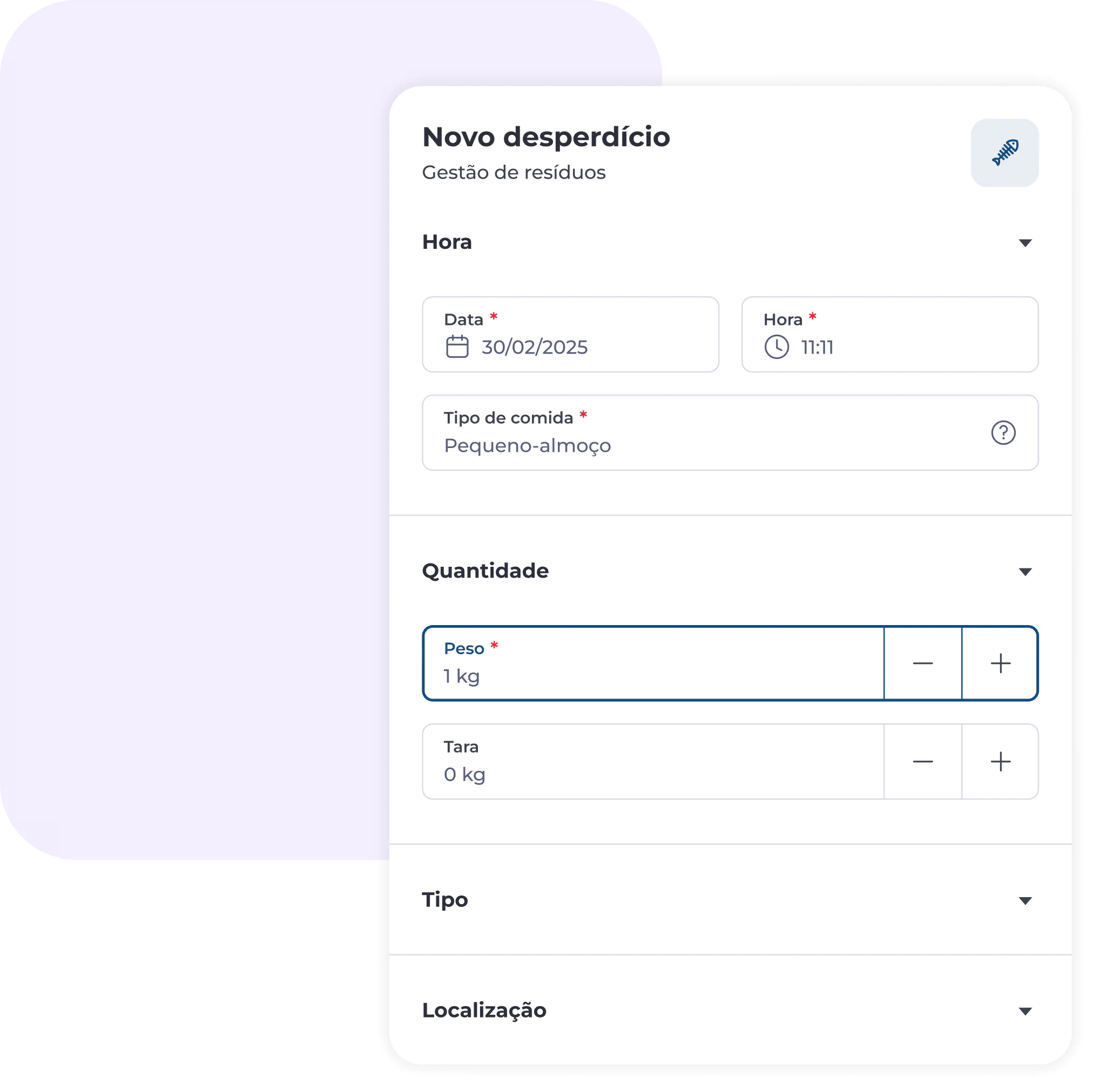 Um formulário digital intitulado «Novo desperdício» em português, destinado a registar detalhes sobre o desperdício alimentar, tais como data, hora, tipo de refeição, peso, tara, tipo e localização. O campo «Peso» está definido para 1 kg.