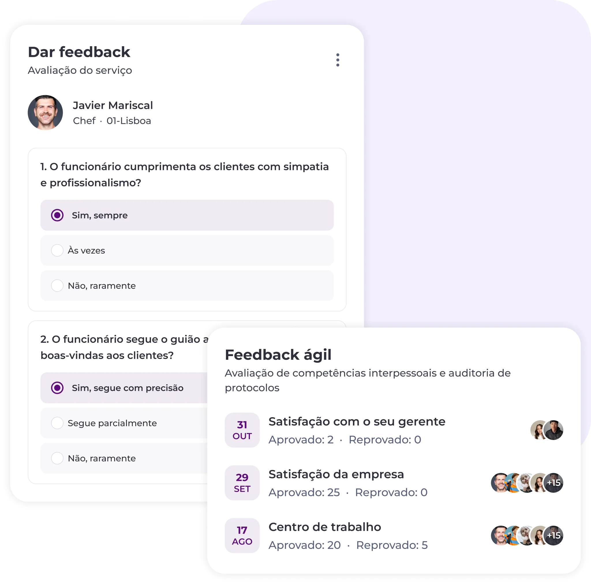 Um painel de feedback em português que apresenta as avaliações dos colaboradores, perguntas sobre profissionalismo e resultados de feedback ágil, com estatísticas de aprovação e fotografias de perfil ao lado das datas do feedback.