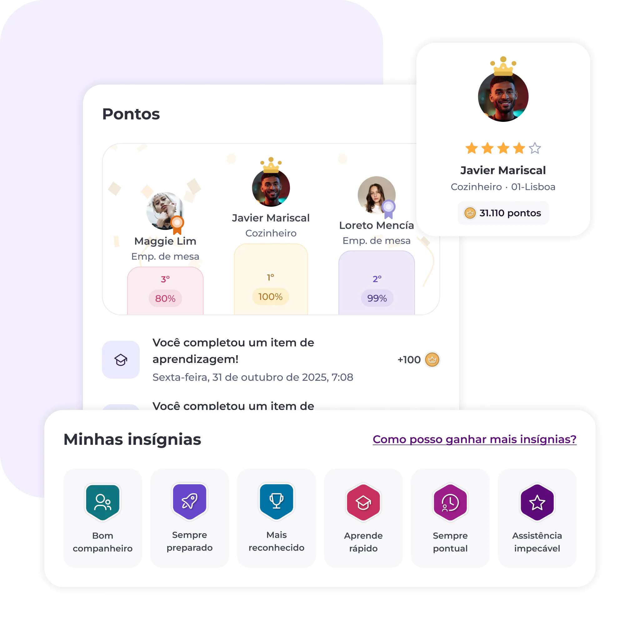 A interface em português apresenta perfis de utilizadores com fotografias e cargos, incluindo Javier Mariscal. Abaixo, seis ícones coloridos representam diferentes conquistas ou insígnias, como «Bom companheiro» e «Sempre preparado».