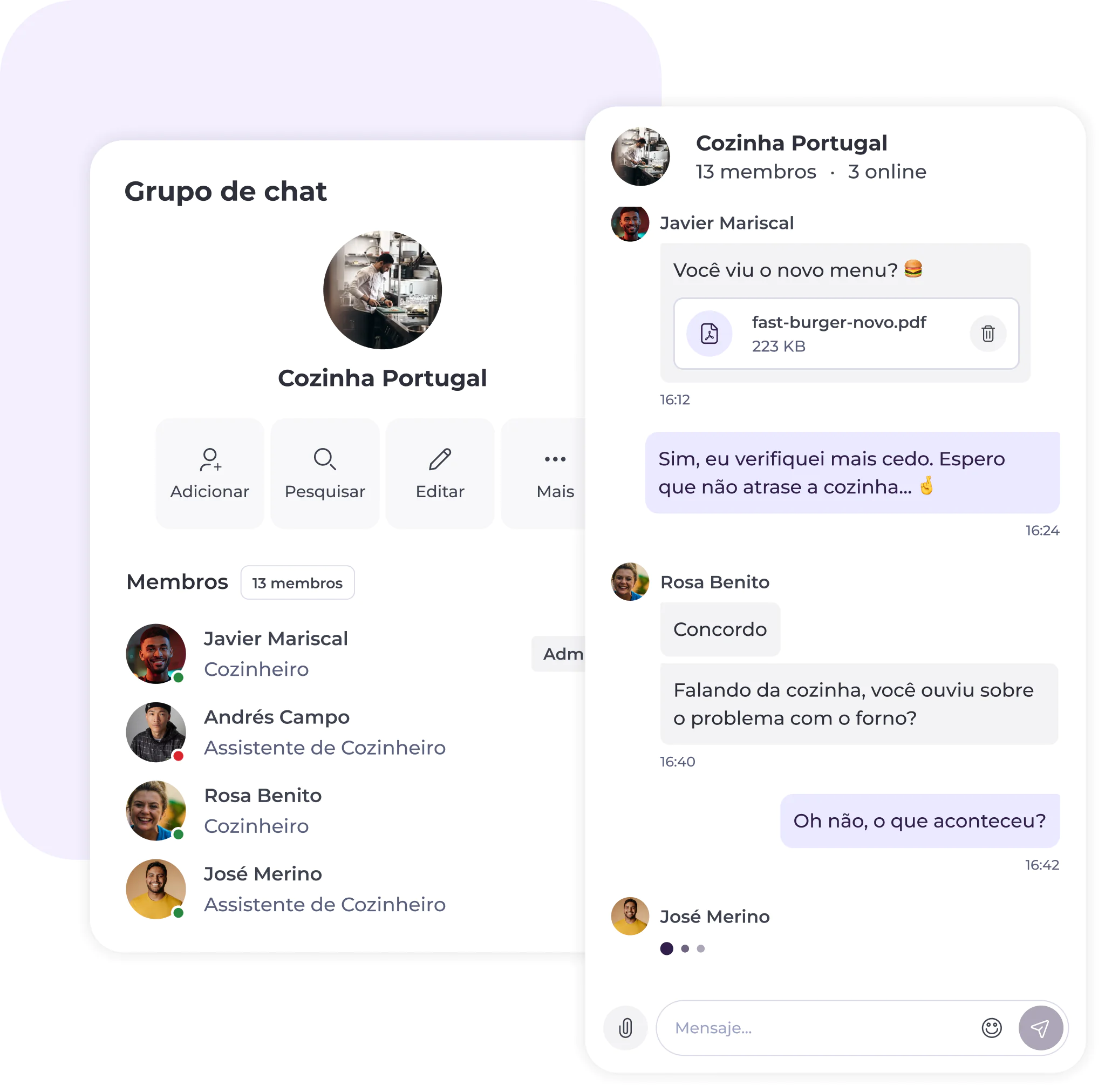 Interface de um chat em grupo chamado «Cozinha Portugal», que mostra a lista de membros à esquerda e uma conversa à direita, incluindo um ficheiro PDF partilhado e mensagens a debater um assunto relacionado com a cozinha.