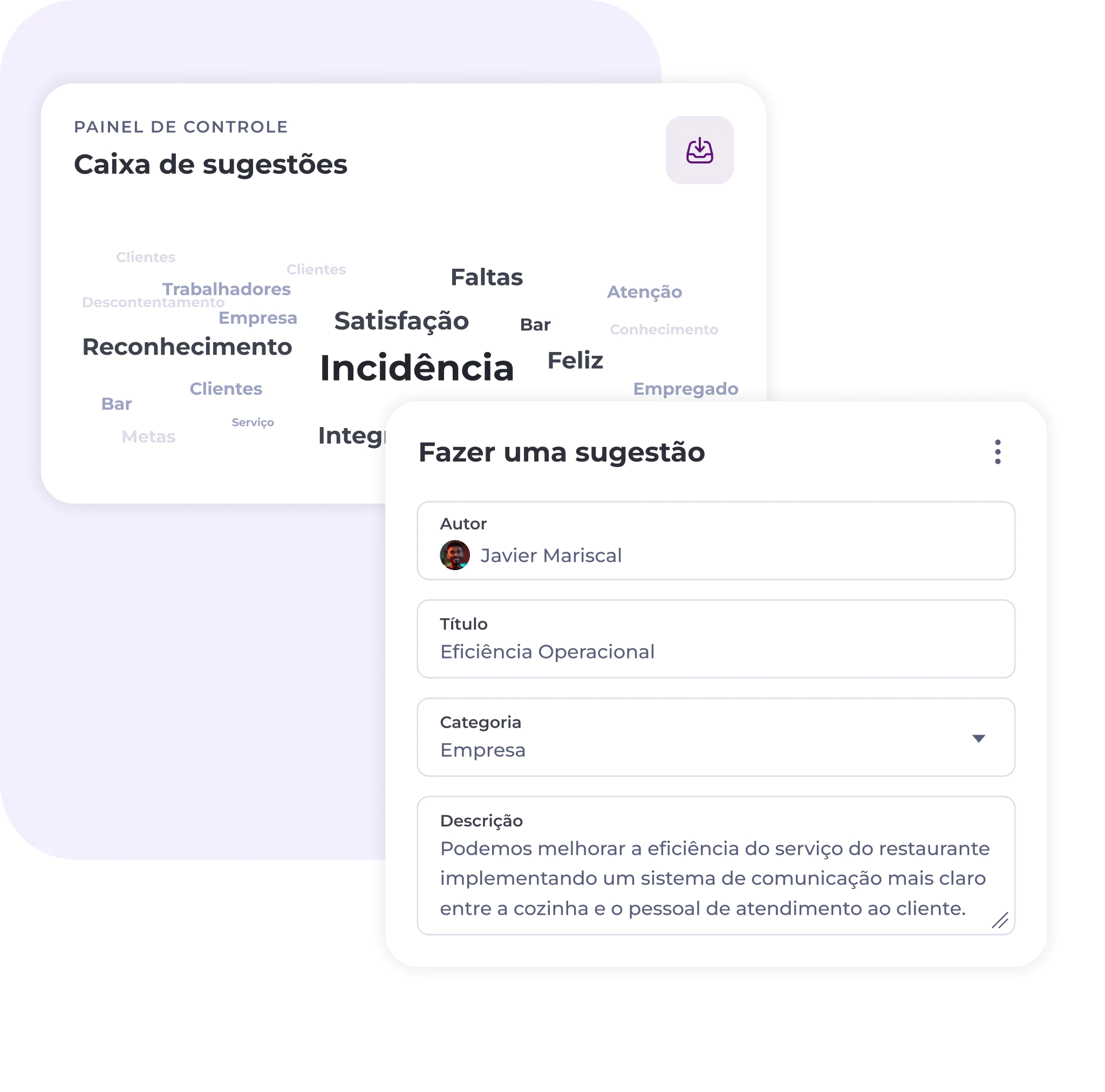 Interface de um painel de sugestões que apresenta uma nuvem de palavras com termos como «Incidência» e «Satisfação», e um formulário para enviar sugestões com campos de autor, título, categoria e descrição em português.