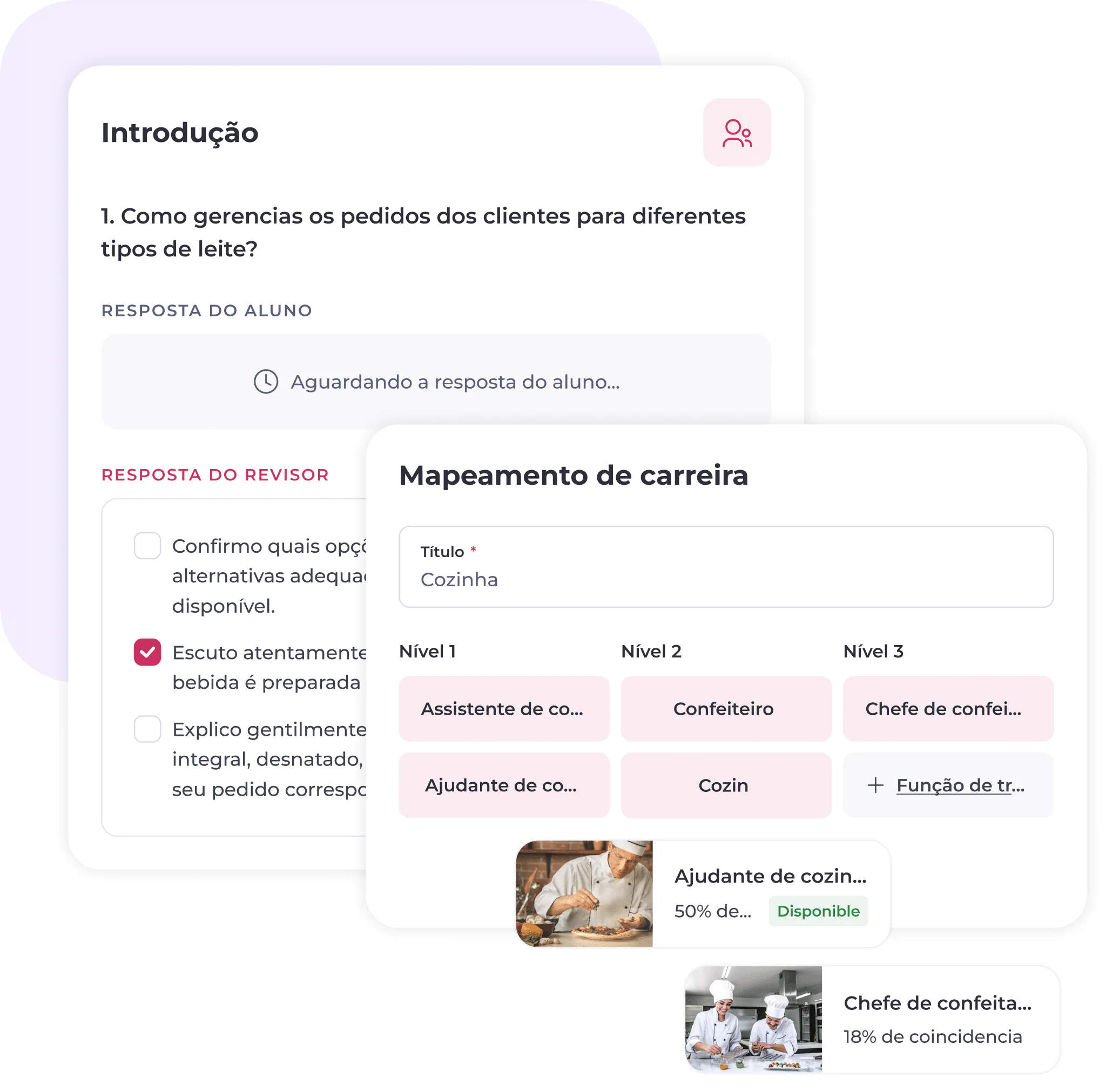 Uma interface digital em português apresenta uma análise das respostas dos alunos e uma ferramenta de orientação profissional. São apresentados cargos e níveis de progressão, com a função de «Ajudante de cozinha» destacada e a imagem de um chef a trabalhar numa cozinha.