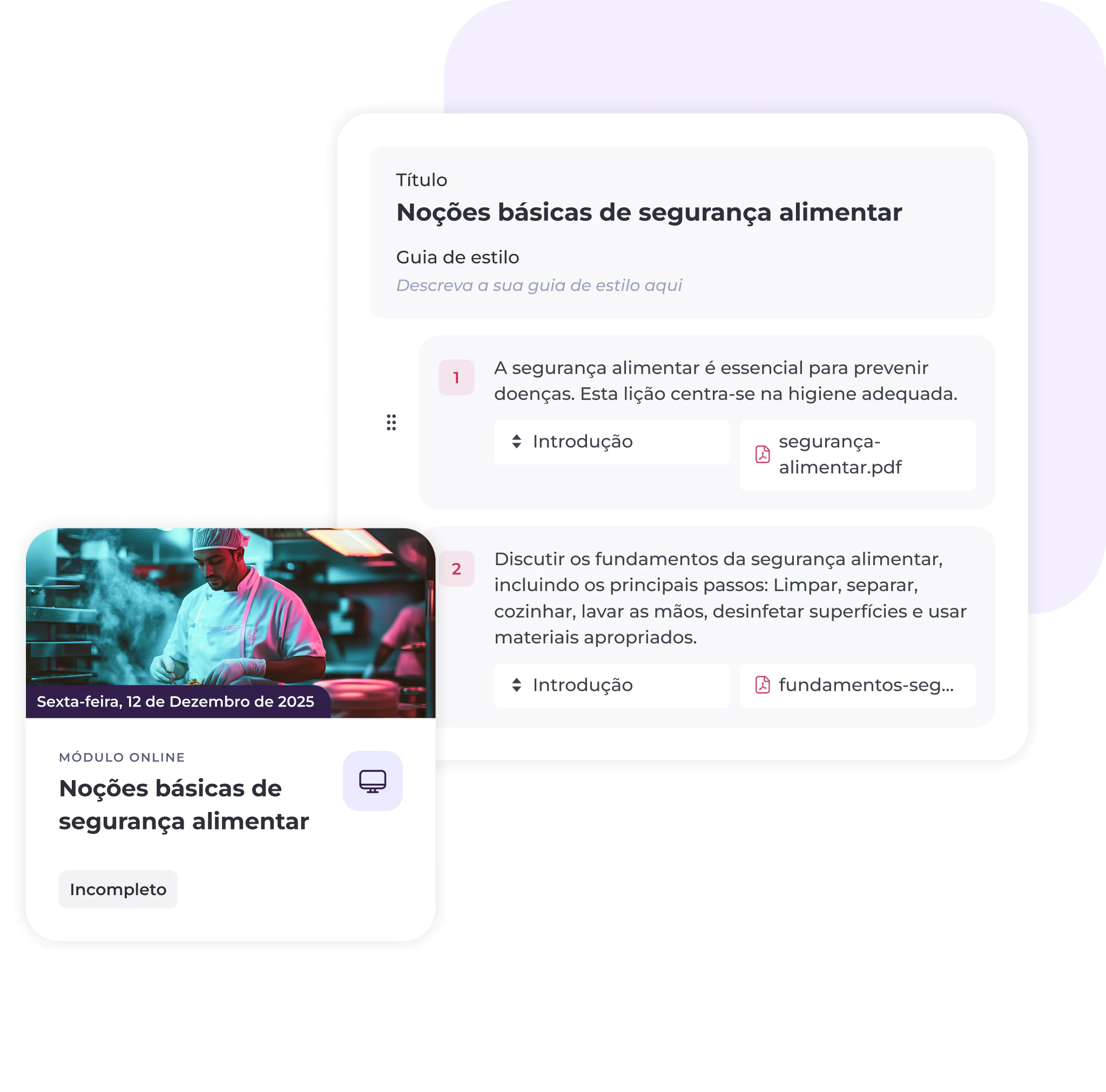 A interface de uma plataforma de aprendizagem digital que apresenta um curso sobre segurança alimentar. O ecrã exibe os detalhes do curso, pontos-chave sobre higiene, ficheiros para descarregar e uma imagem de um chef a cozinhar numa cozinha profissional.