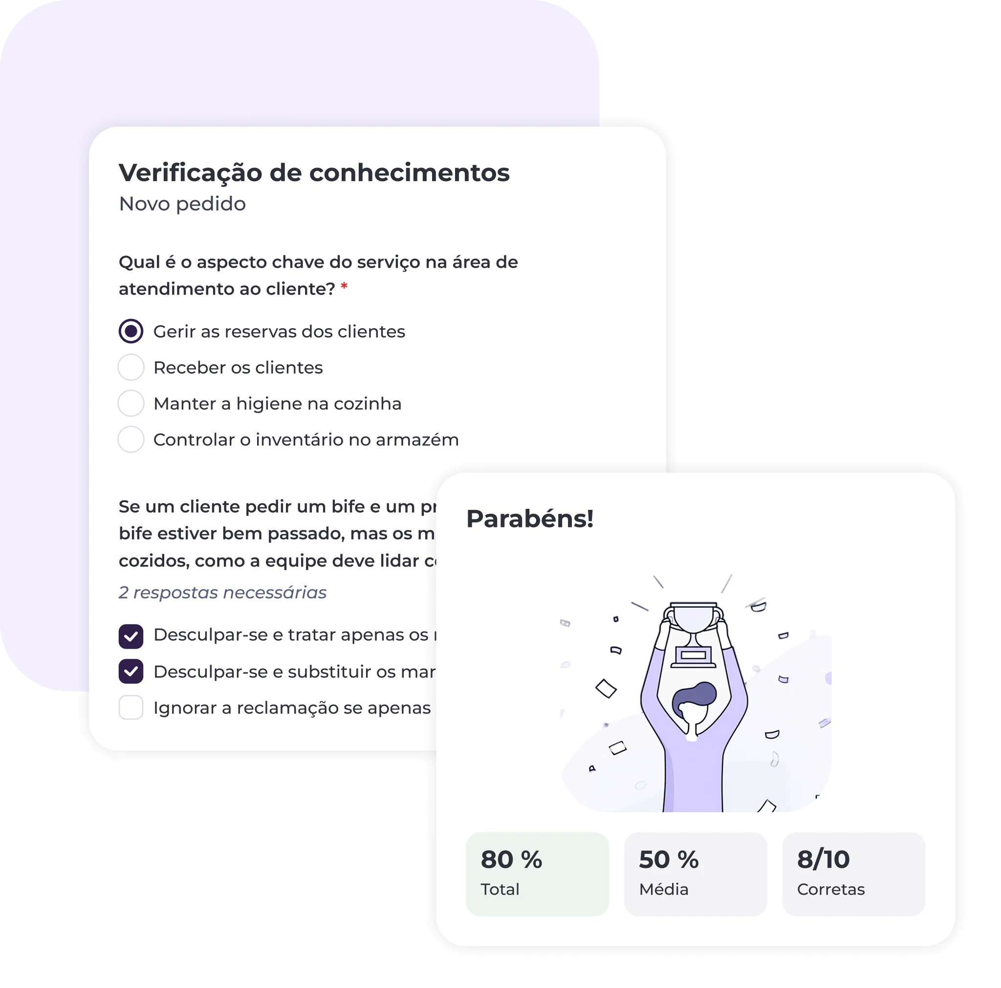 Interface de teste em português com perguntas de escolha múltipla sobre atendimento ao cliente à esquerda e, à direita, um cartão de resultados com a mensagem «Parabéns!», acompanhado de uma ilustração de uma pessoa a segurar um troféu e estatísticas de desempenho.