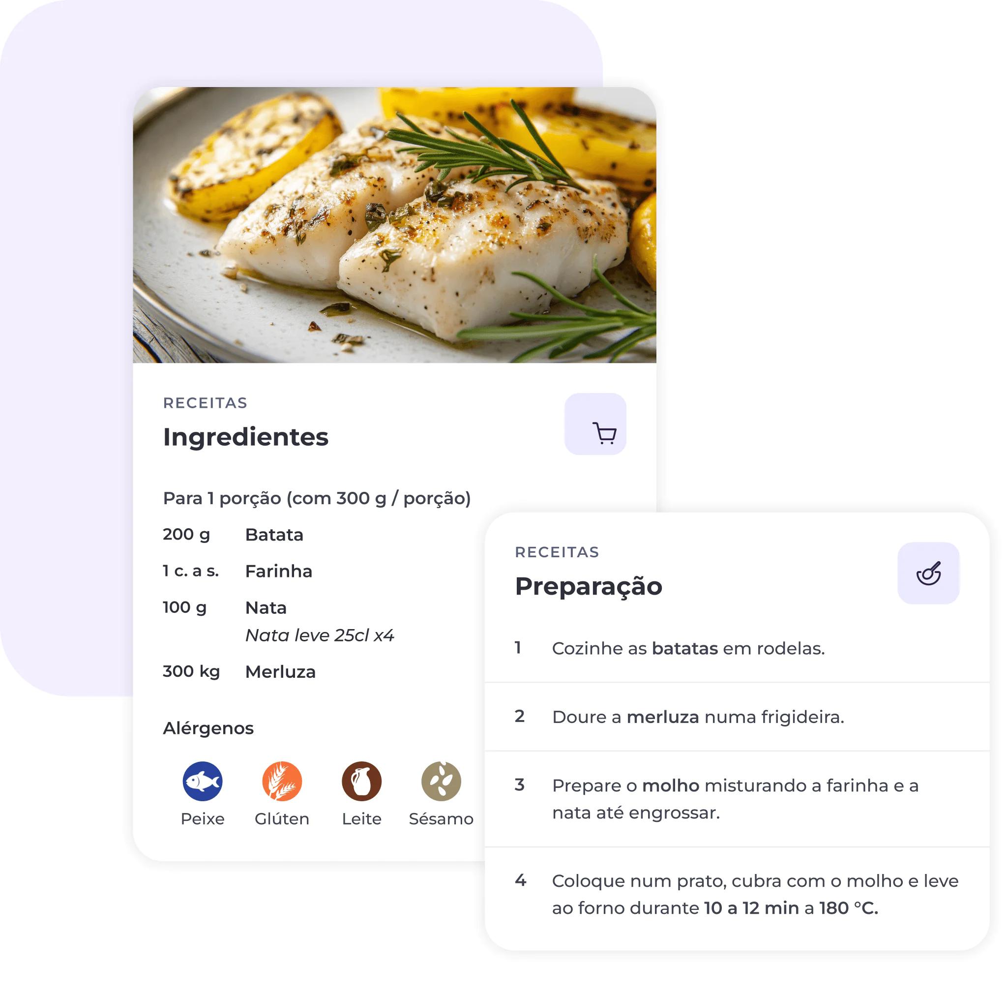 Ficha de receita com uma imagem de filetes de peixe cozinhados com batatas, lista de ingredientes (batata, farinha, natas, peixe), alergénios (peixe, glúten, leite, sésamo) e passos para a preparação do prato em português.