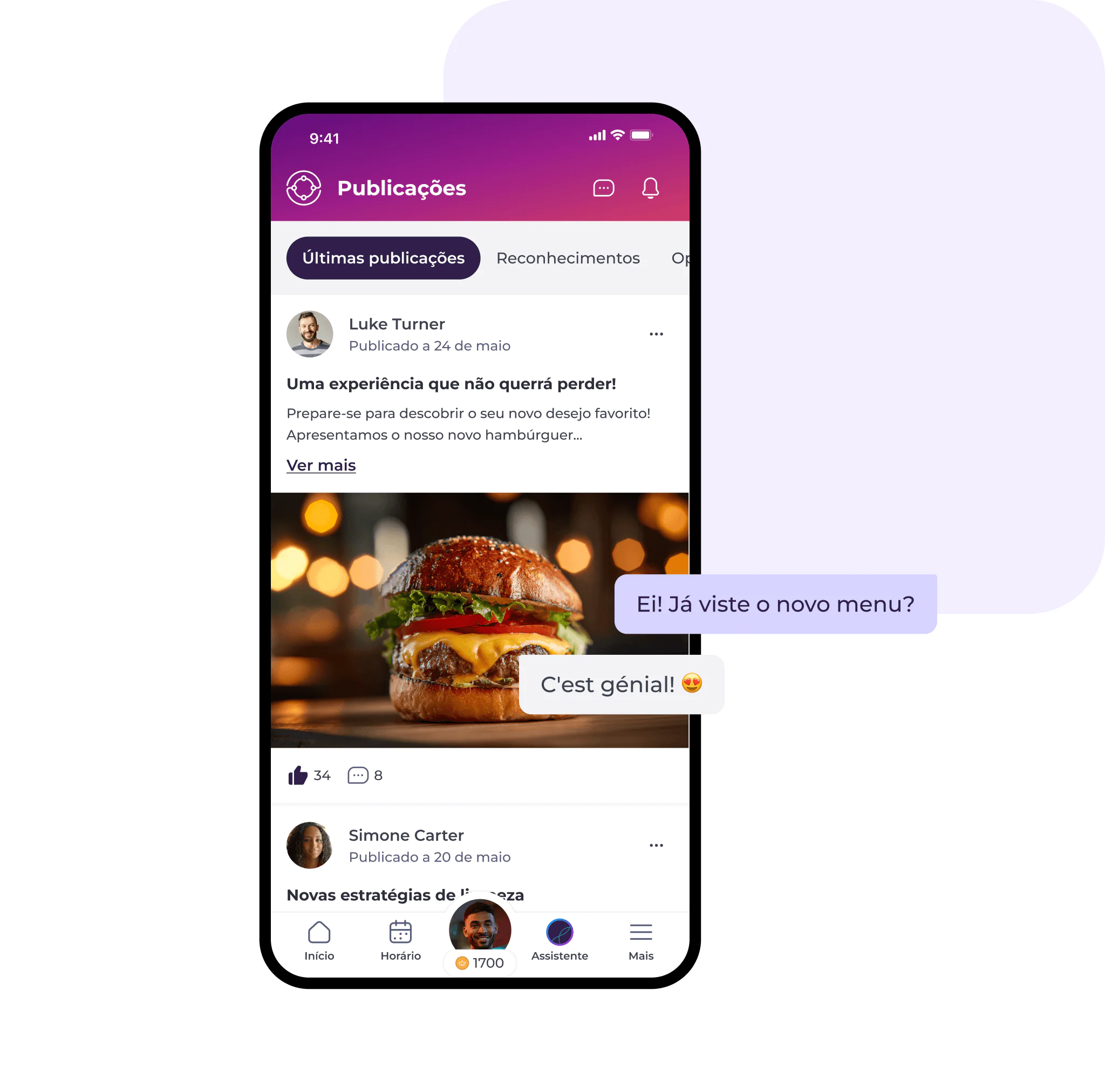 O ecrã de um smartphone mostra um feed de uma rede social com uma publicação que exibe um grande plano de um hambúrguer gourmet. Ao lado do telemóvel, um balão de conversa diz: «Ei! Já viste o novo menu?» e «C'est génial!», acompanhado de um emoji sorridente.