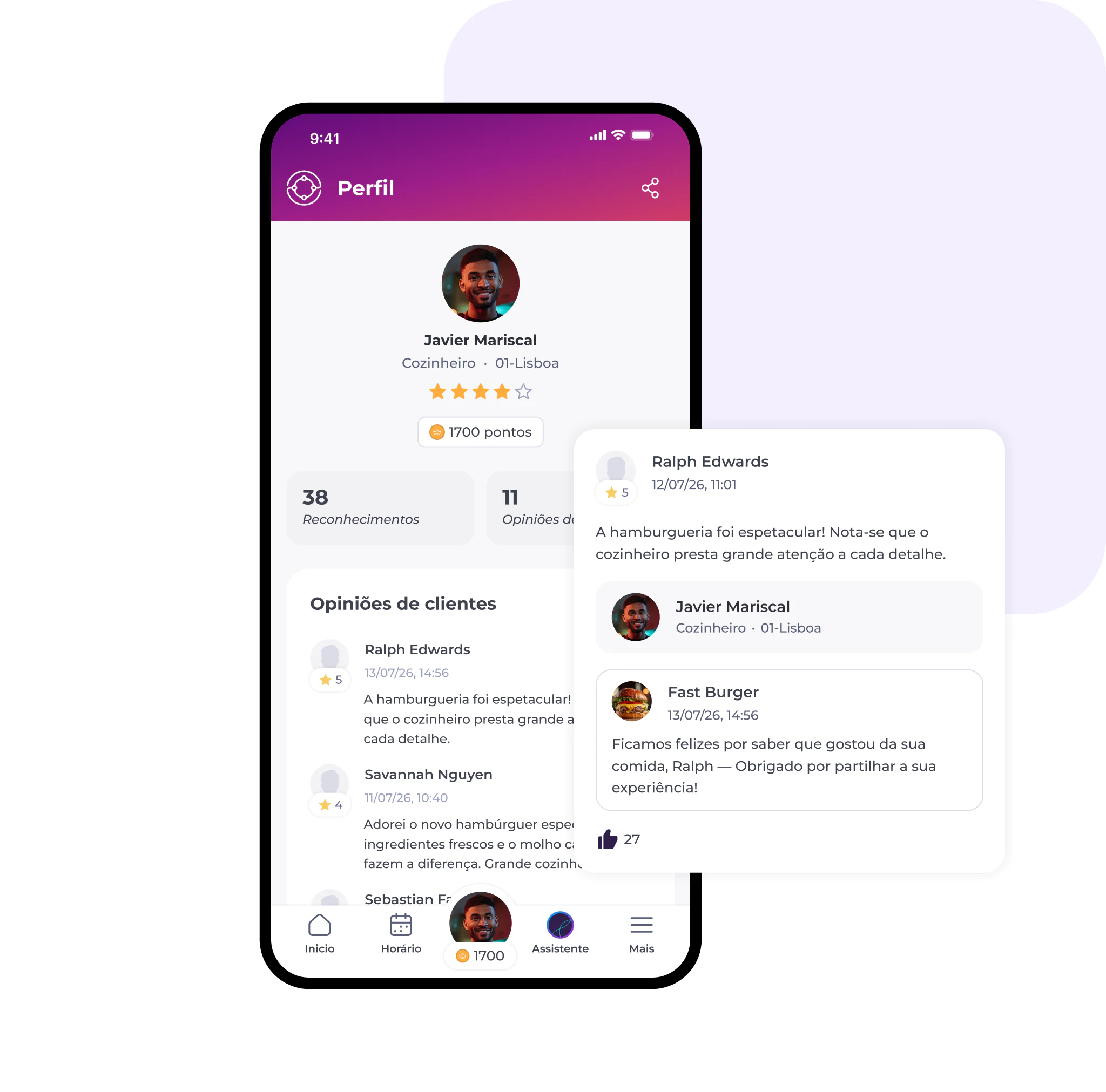 O ecrã de um telemóvel apresenta a página de perfil de Javier Mariscal, um chef em Lisboa. Mostra classificações, pontos, opiniões dos clientes e uma secção de comentários em destaque com opiniões dos utilizadores sobre a sua comida.