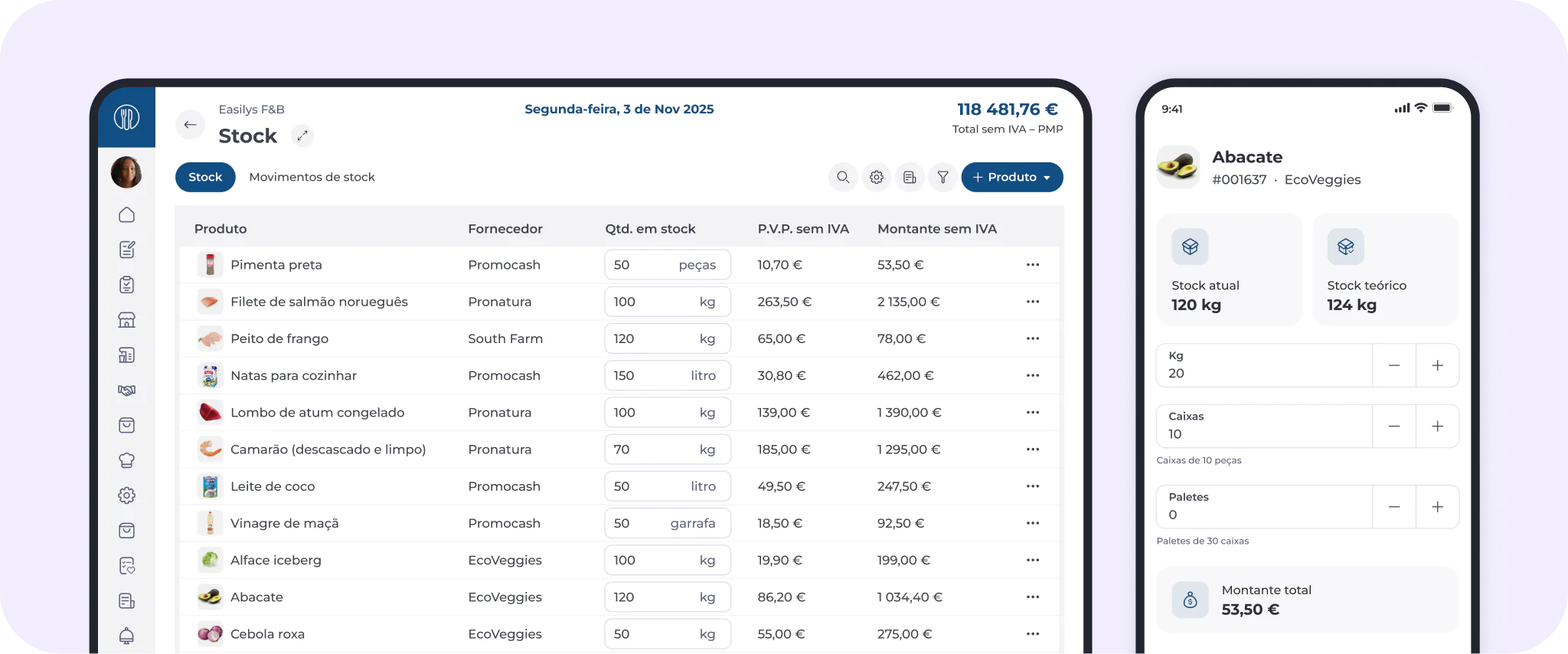 Um tablet e um smartphone apresentam uma aplicação de gestão de inventário que mostra os níveis de stock, os detalhes dos produtos, os fornecedores e os preços de vários produtos alimentares, incluindo pimenta, ovos e abacate. A interface é simples e organizada.
