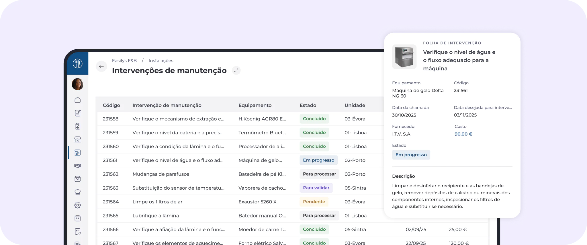 O ecrã de um computador mostra um painel de gestão de manutenção em português, que apresenta uma lista de tarefas de intervenção com estados como «Concluída» e «Em curso», e uma janela pop-up apresenta detalhes sobre uma tarefa selecionada para verificar os níveis de água e óleo.