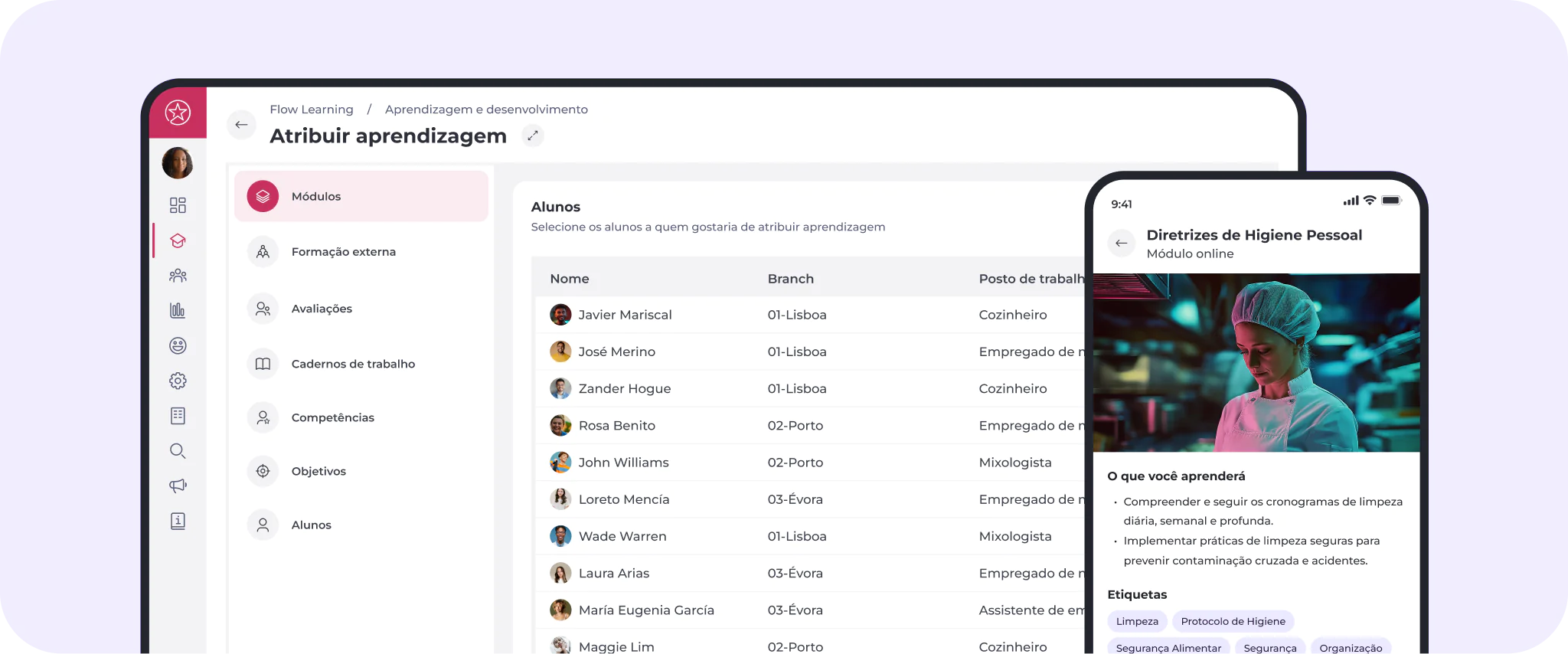 O ecrã de um computador apresenta um painel de gestão de formação com uma lista de colaboradores e das respetivas filiais. Um telemóvel mostra um módulo de formação intitulado «Diretivas de Higiene Pessoal», com a imagem de um profissional de saúde.