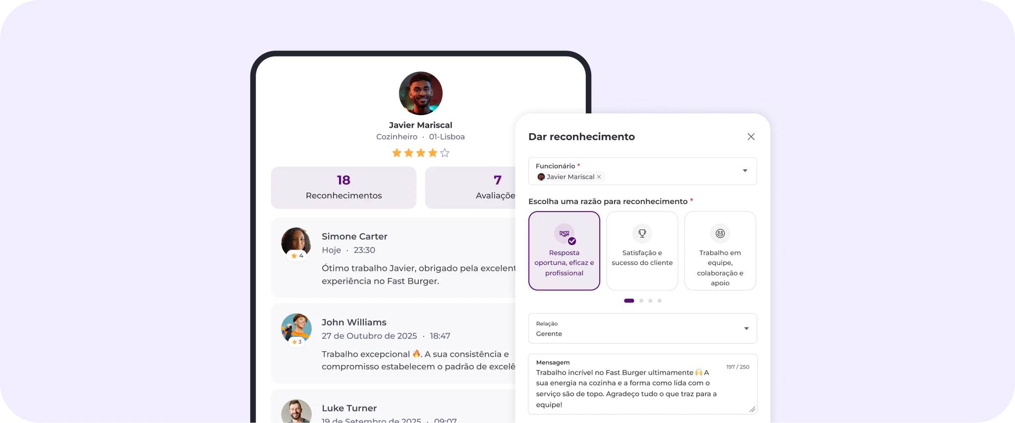 Uma interface de perfil digital apresenta um utilizador chamado Javier Mariscal, com avaliações, reconhecimentos e comentários. Abaixo encontram-se os comentários de outras pessoas. Uma janela lateral apresenta opções para atribuir reconhecimentos, incluindo trabalho em equipa, atendimento ao cliente e muito mais.