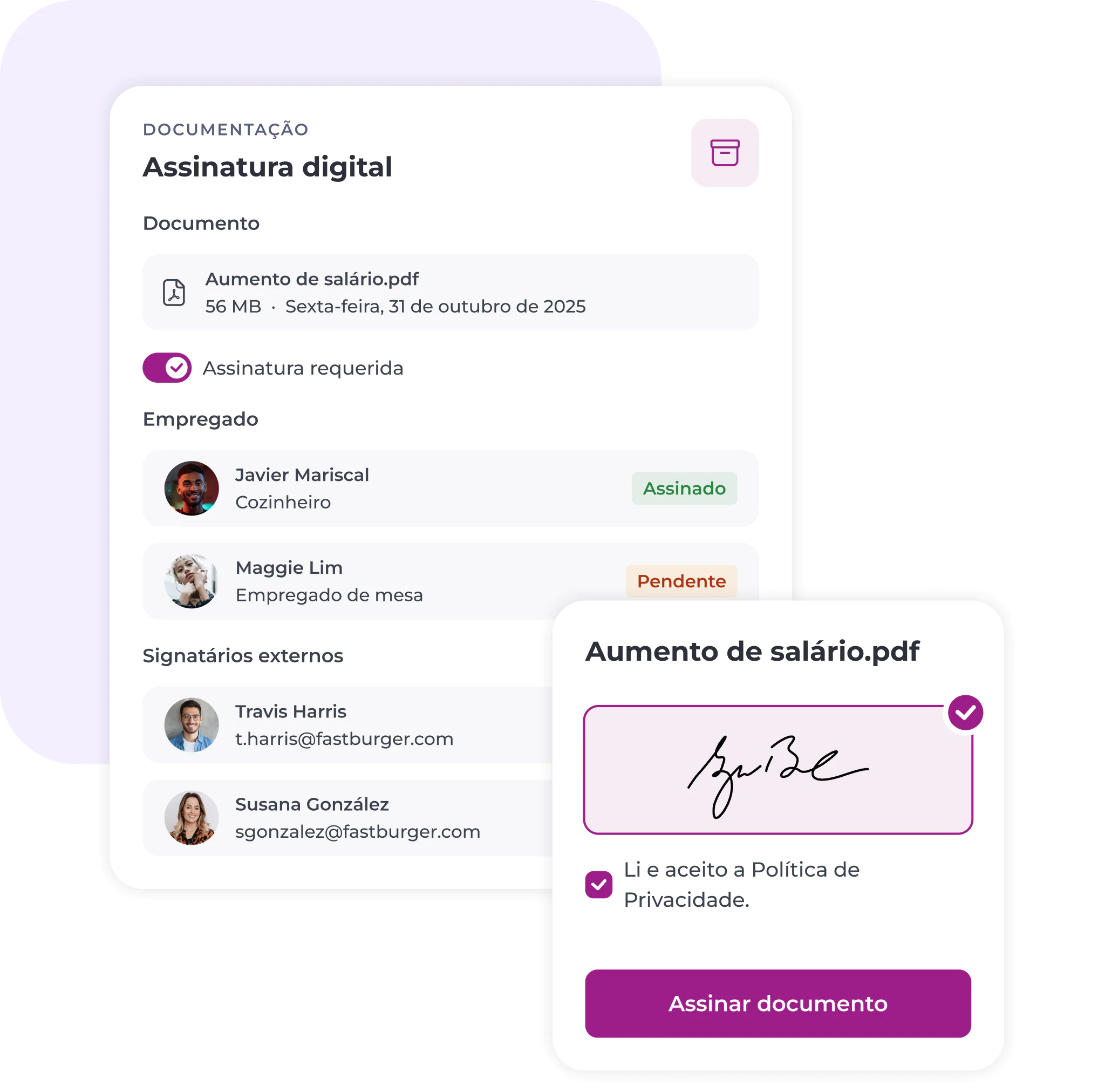 Uma interface de assinatura digital para um documento intitulado «Aumento de salário.pdf», que apresenta a lista de funcionários, o estado das respetivas assinaturas e um campo de assinatura com a opção de aceitar a política de privacidade e assinar o documento.