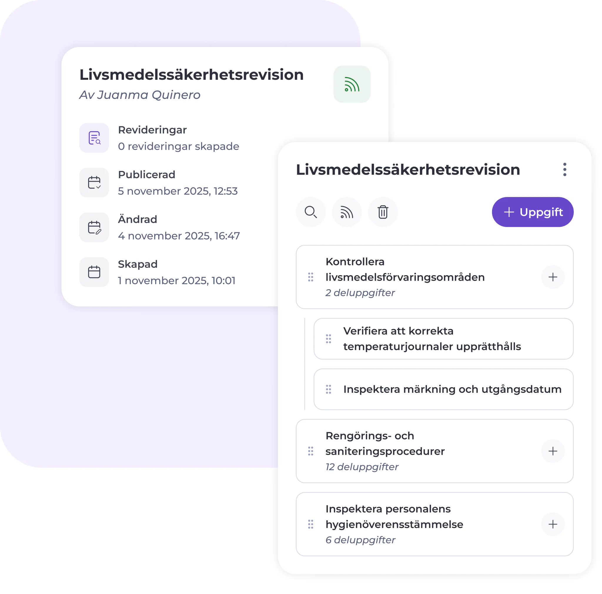 Två överlappande gränssnitt visar uppgifter och detaljer för en livsmedelssäkerhetsrevision på svenska, med avsnitt för datum för när de skapades, publicerades och ändrades, samt en checklista med framstegsindikatorer för olika säkerhetssteg.