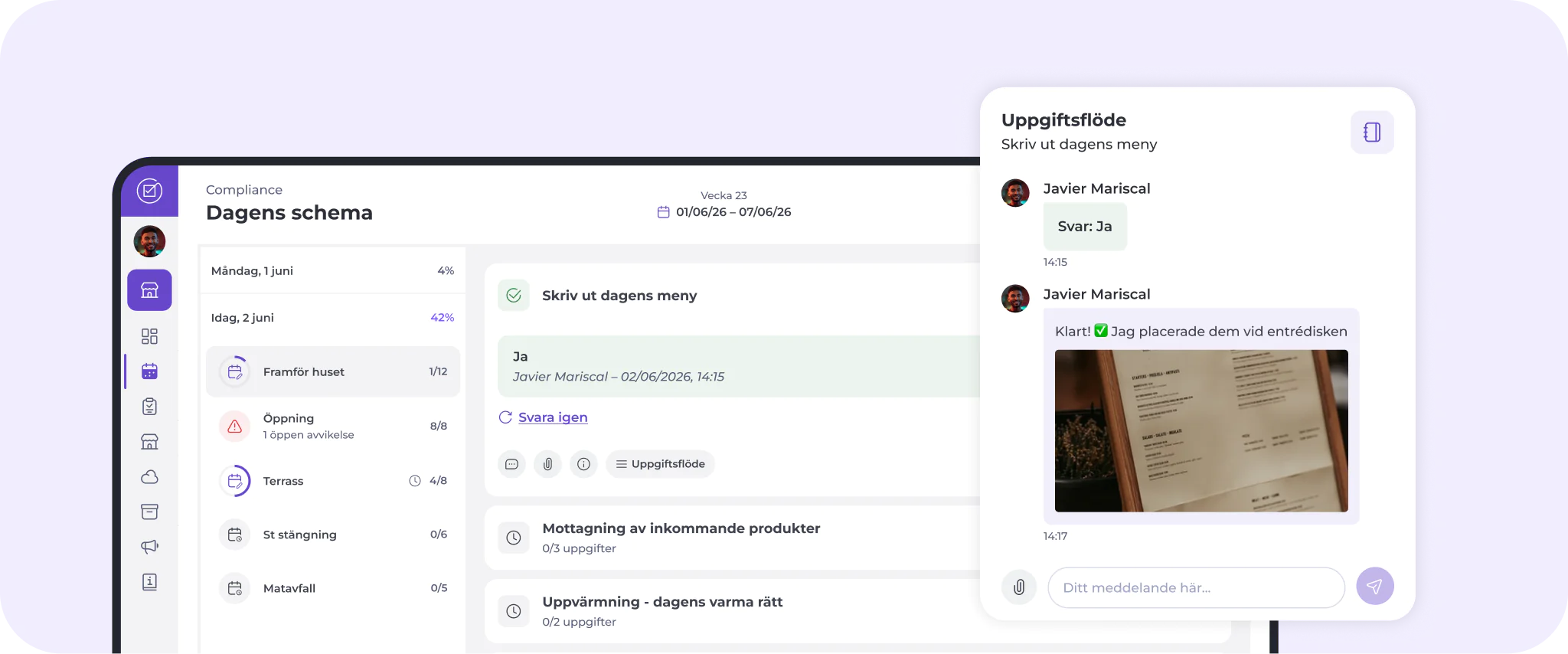 På en datorskärm visas schemaläggnings- och chattappar på svenska, med en daglig meny, meddelanden mellan användare, uppgiftsstatus och en bild på ett menydokument.