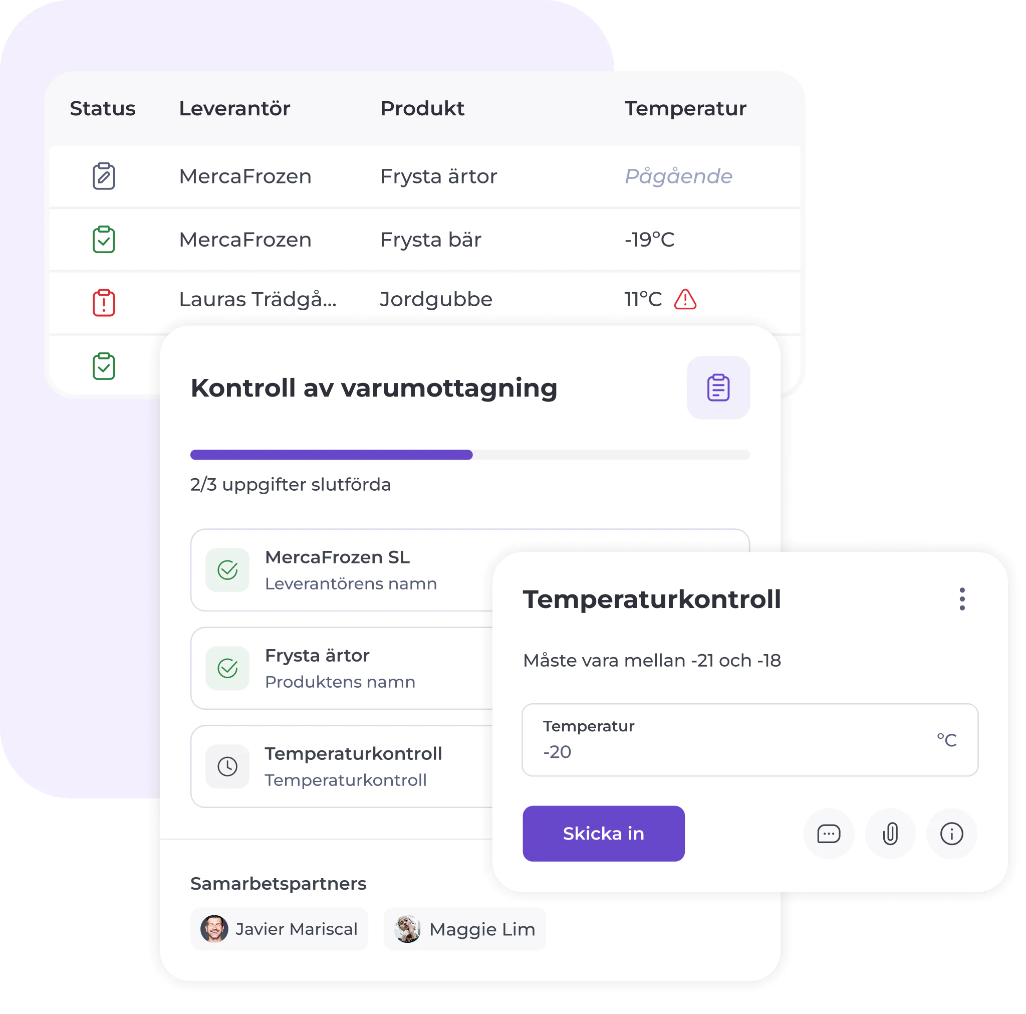Ett svenskt gränssnitt för lagerhantering visar produkters leveransstatus, temperaturövervakning och checklistor, med ikoner för samarbetspartner och formulärinlämning.