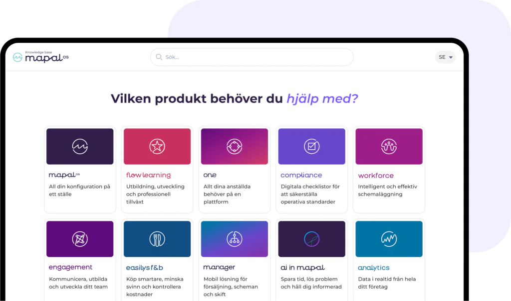 På en surfplattas skärm visas en webbplats med färgglada produktkort, där varje kort beskriver en annan digital lösning eller tjänst, samt ett sökfält högst upp. I rubriken frågas det vilken produkt användaren behöver hjälp med.