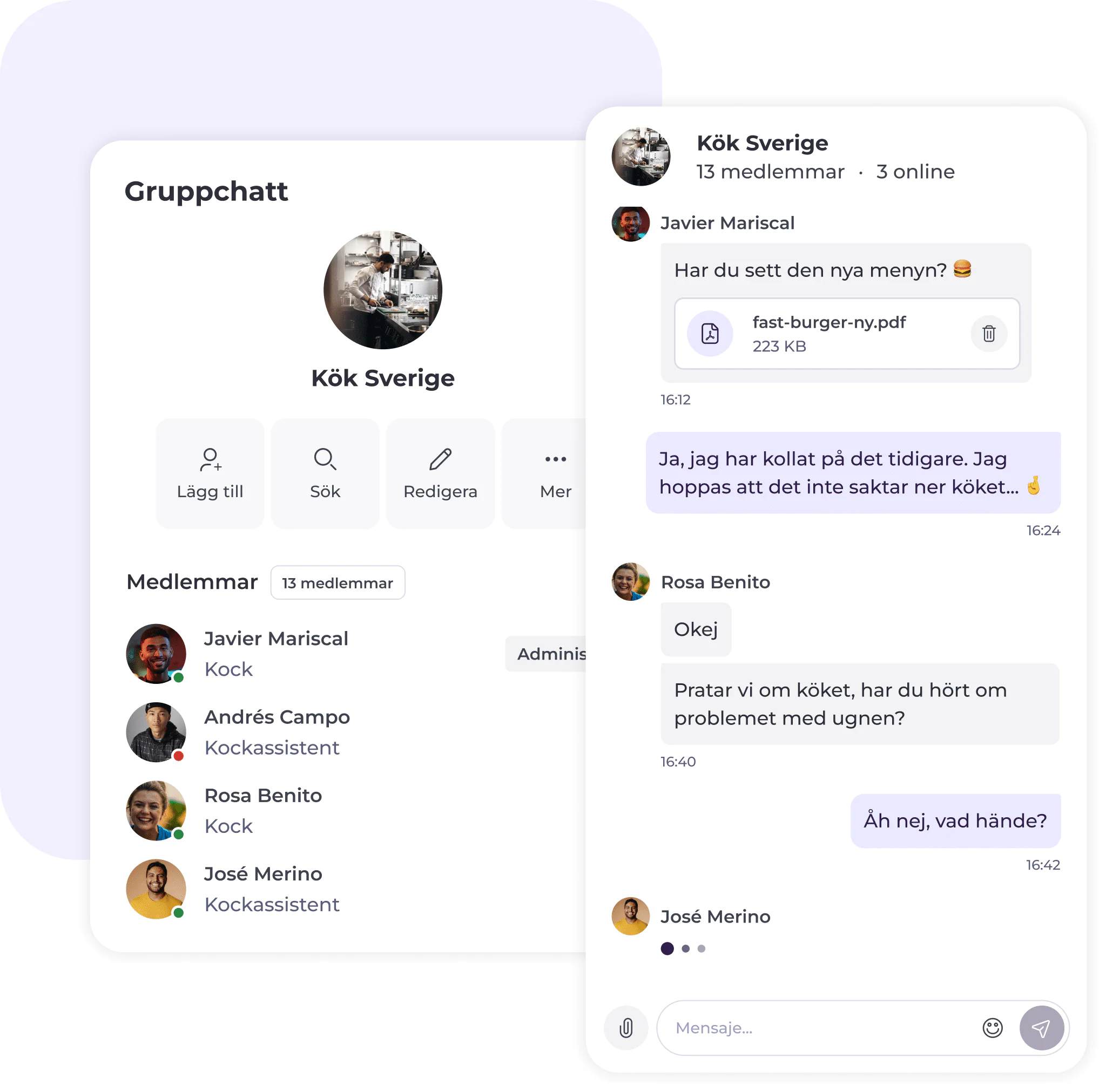 Ett gränssnitt för en gruppchatt på svenska som heter ”Kök Sverige” visar medlemmar som diskuterar en meny i PDF-format. Profilbilder, chattbubblor och alternativ för att lägga till medlemmar eller redigera gruppinformationen syns.