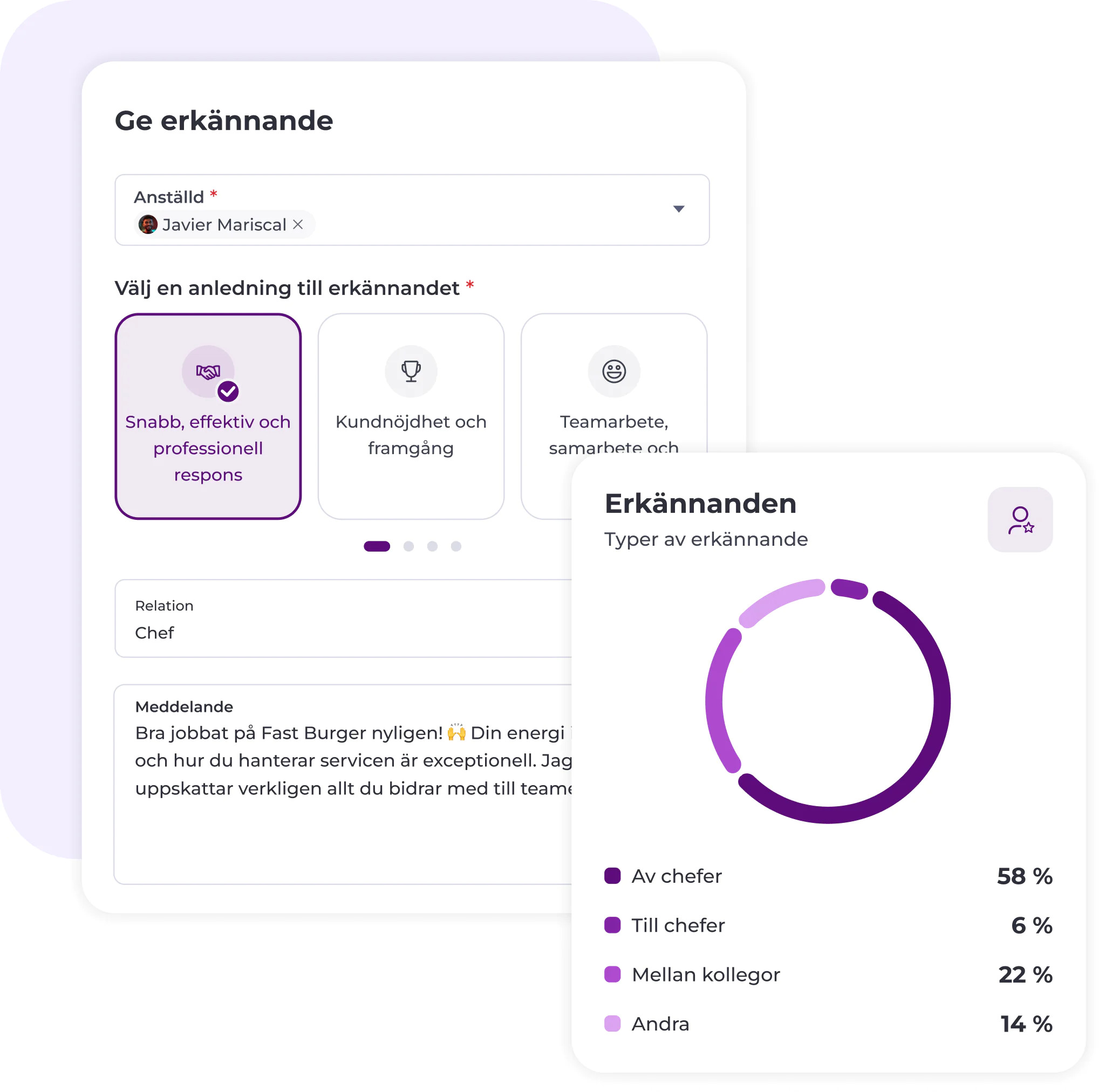 En svensk arbetsplatsapp visar ett formulär för erkännande av Javier Mariscal, där alternativet ”Snabb, effektiv och professionell respons” har valts, samt ett diagram som visar att 58 % av erkännandet kommer från chefer, 26 % från kollegor och 14 % från övriga.