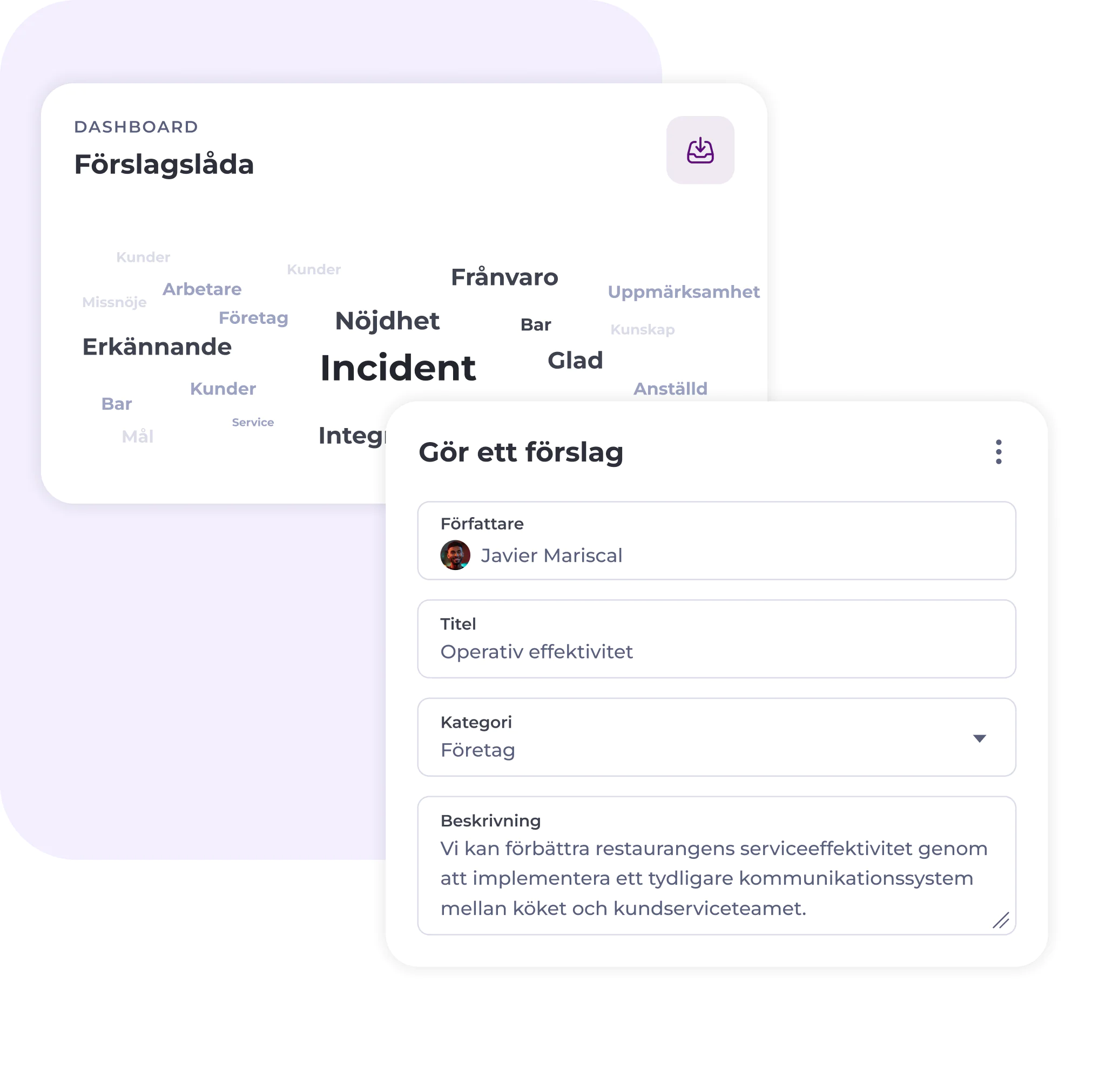 En instrumentpanel visar ett ordmoln med svenska ord. Nedan finns ett ifyllt formulär med uppgifter om författare, titel, kategori och en beskrivning av hur man kan förbättra effektiviteten i restaurangens service genom bättre kommunikation.