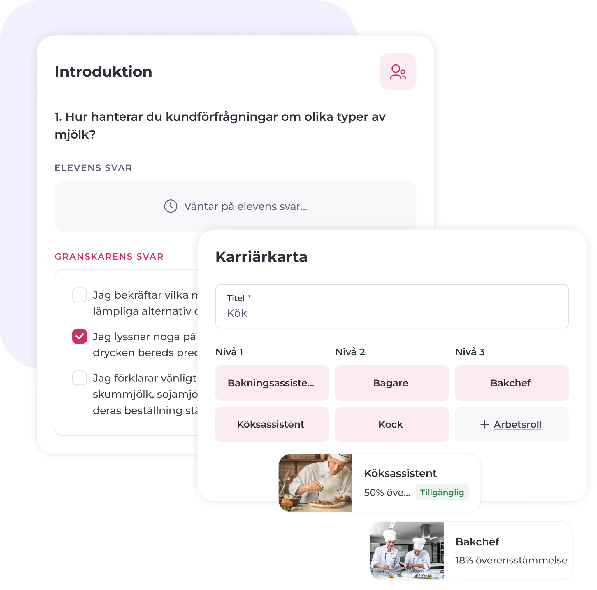 Skärmdump av ett svenskt användargränssnitt som visar ett formulär för feedback på kundförfrågningar om mjölk samt en karriäröversikt för yrken inom köket, inklusive befattningar som köksassistent och bakchef, med framstegsindikatorer och bilder.