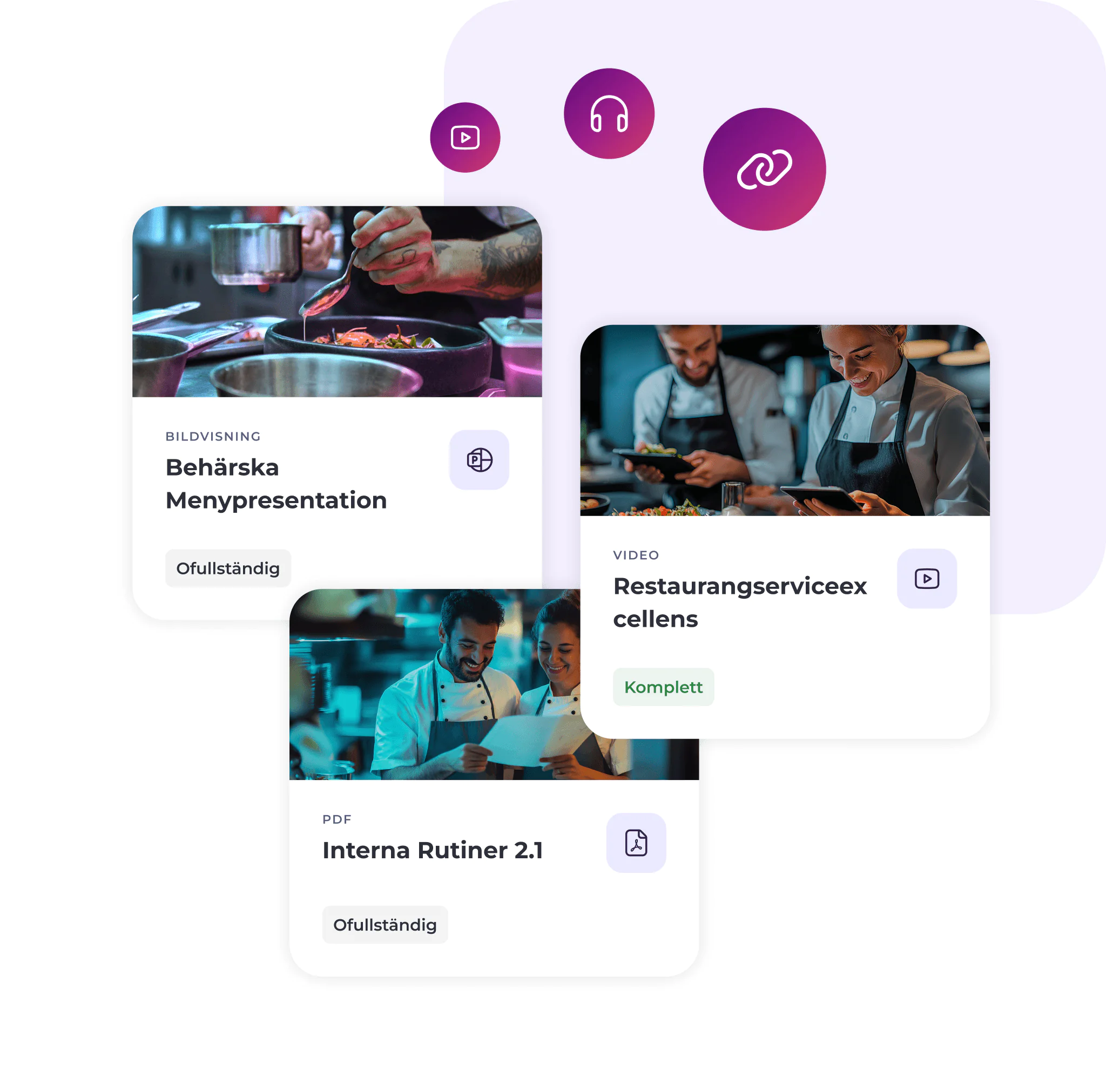 Tre kort visar kockar som lagar mat och diskuterar mat, och varje kort är märkt som en presentation, en video eller en PDF om restaurangrelaterade ämnen. Lila och vita designelement med ikoner för bild, hörlurar och länkar ger layouten en extra touch.