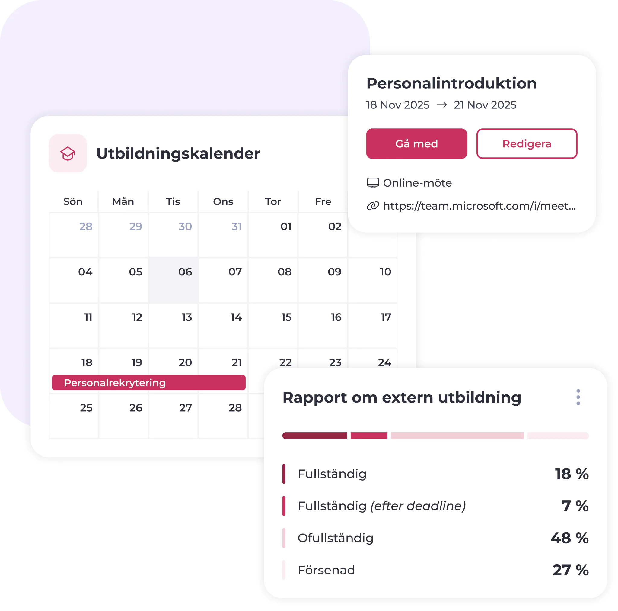 En digital utbildningskalender, ett evenemangskort för ”Personalintroduktion” och en rapport i form av ett stapeldiagram som visar andelen deltagare som fullföljt en extern utbildning i svenska.
