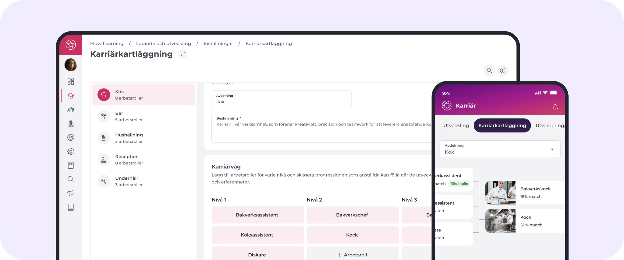En dator och en smartphone visar en svensk karriärplaneringsapp med navigeringsmenyer, avdelningsfilter och en tabell med yrkestitlar som ”Kock” och ”Receptionist”.