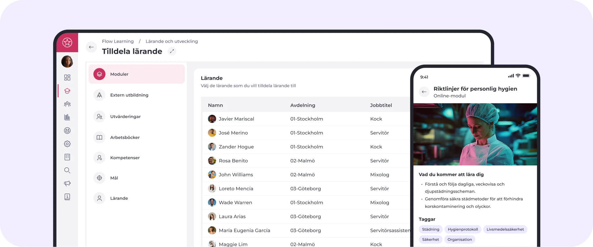En surfplatta och en smartphone visar en plattform för att lära sig svenska. Surfplattan visar en användarlista; telefonen visar ett modul med en bild på en sjuksköterska och kursinformation. Båda skärmarna har menyer och ikoner.