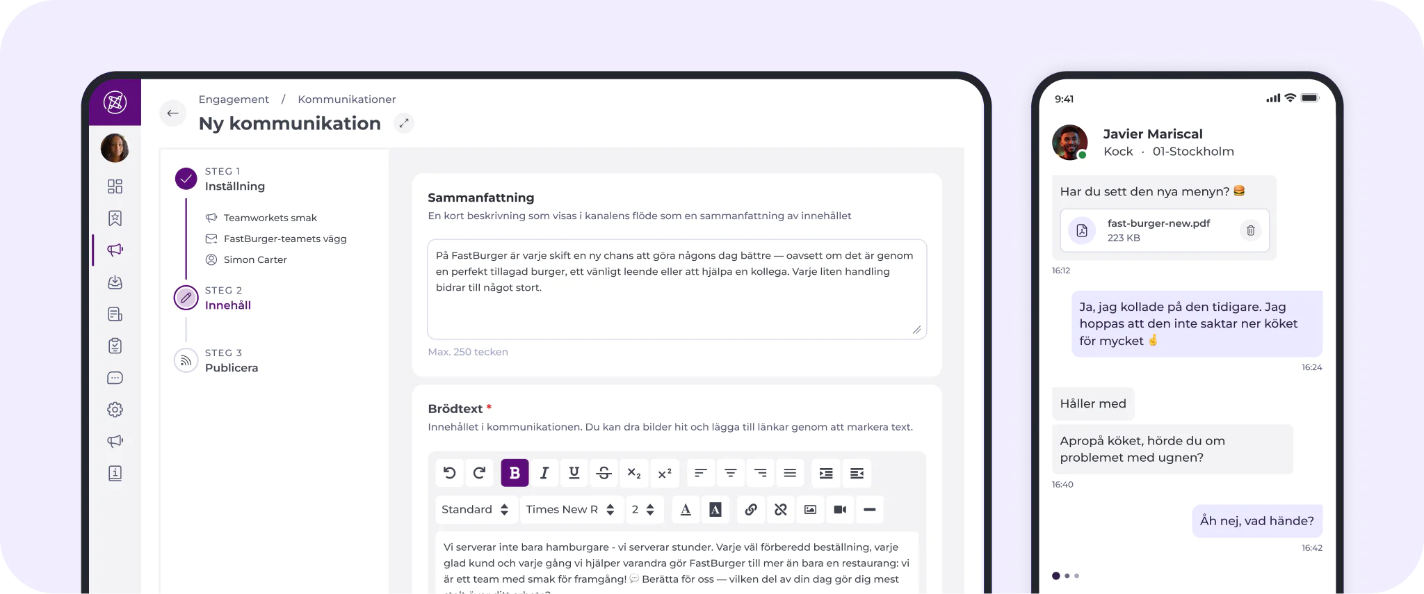 På en datorskärm visas ett textredigeringsprogram med svensk text, rubriker och formateringsverktyg. Bredvid den visas en mobilskärm med en chattkonversation på svenska mellan två användare.