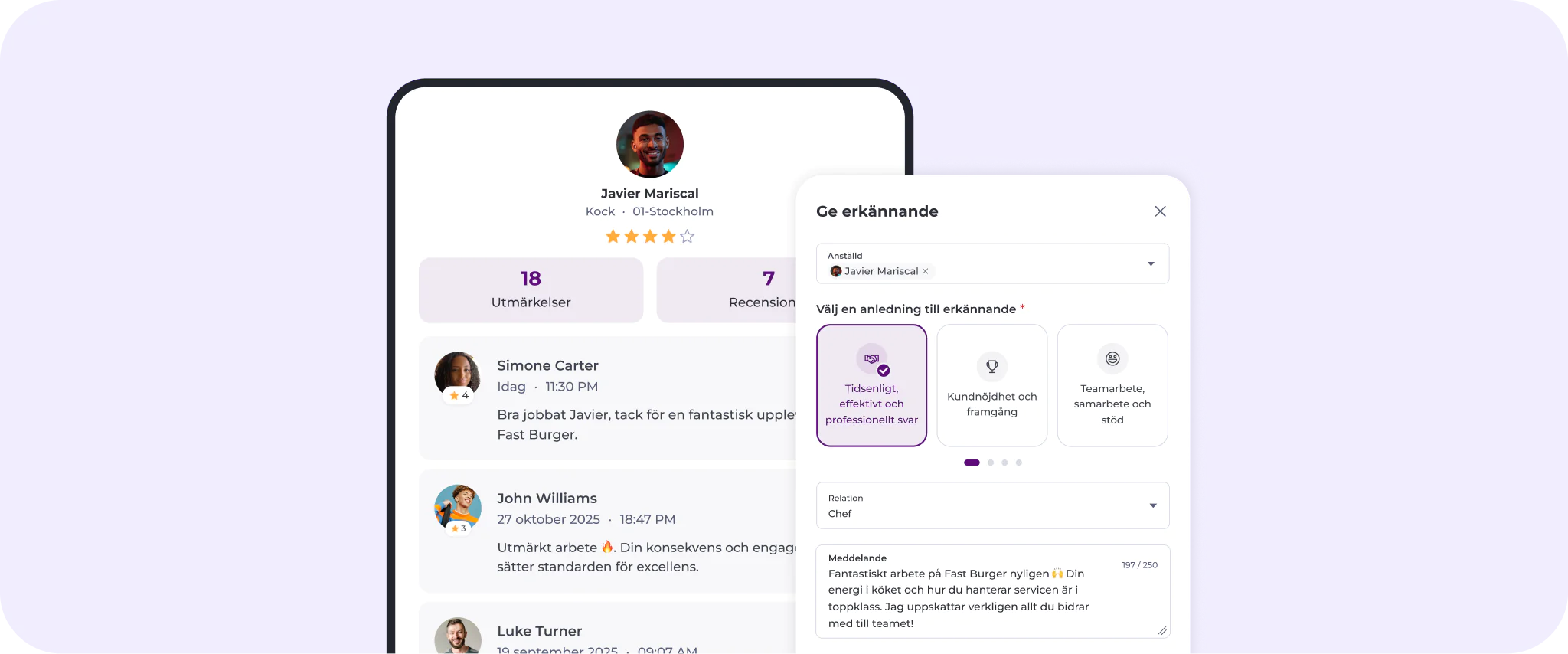 Ett digitalt gränssnitt visar användarprofiler och recensioner, bland annat en profil för Javier Mariscal med betyg, prestationer och beröm från andra, samt möjligheter att ge erkännande på svenska.