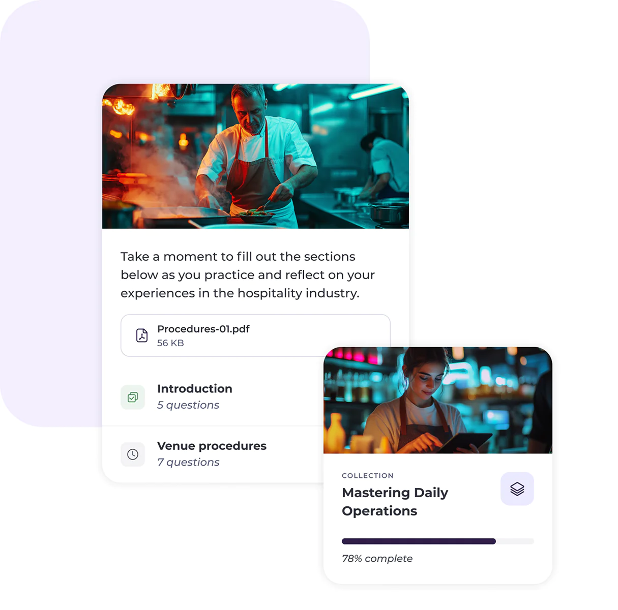 Two app cards show a chef cooking in a kitchen and a woman reading in a café. The cards showcase “Procedures-01.pdf” with questions, and “Mastering Daily Operations” at 78%—all powered by compliant hospitality communication software.