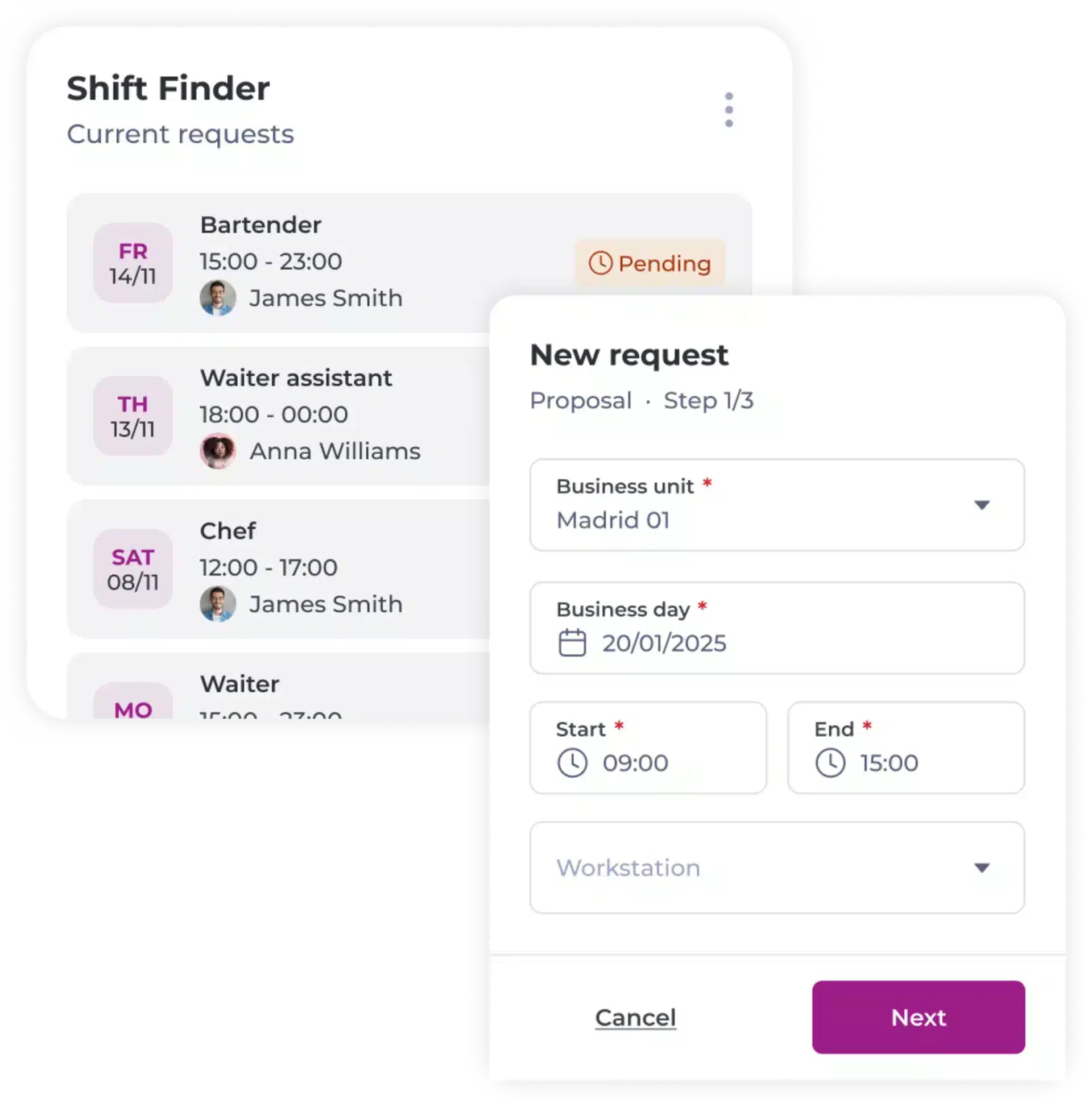 Screenshot of a shift scheduling app showing a Shift Finder panel with job requests and a New request form to schedule a shift, including fields for business unit, business day, and shift timings.