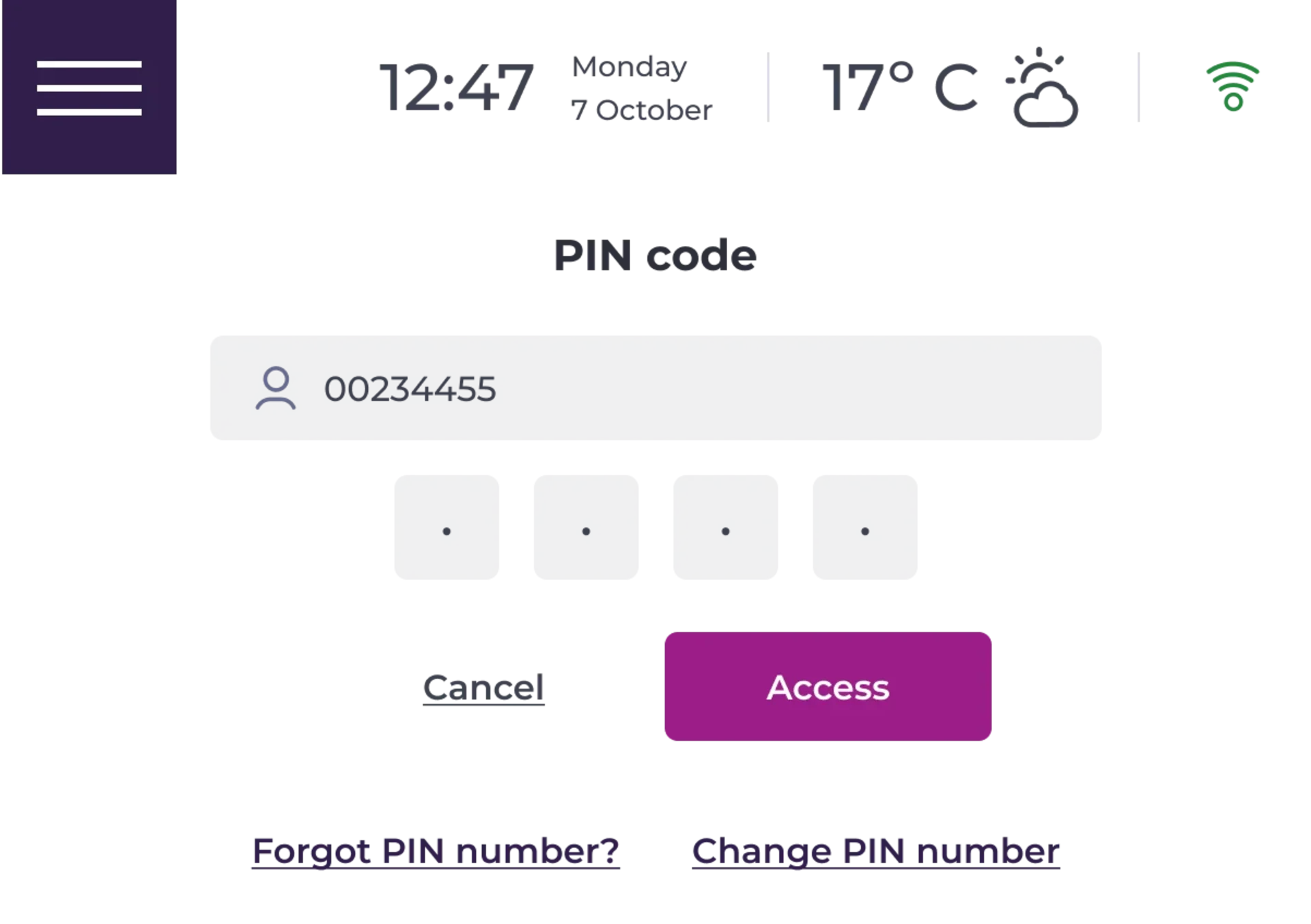 A digital interface displays a PIN code entry screen with a field for a user ID, four PIN dots, Cancel and Access buttons, and options to recover or change the PIN. The time, date, weather, and WiFi icons appear at the top.