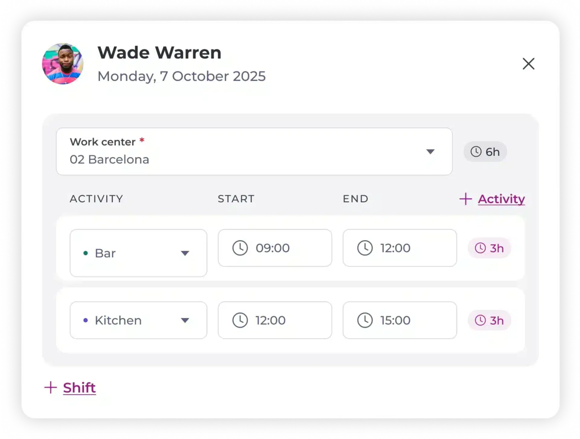 A scheduling app screen for Wade Warren on Monday, 7 October 2025, showing activities at the 02 Barcelona work centre: Bar from 09:00 to 12:00 and Kitchen from 12:00 to 15:00, each shift lasting 3 hours.