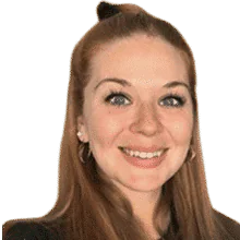 A woman with long, light brown hair, blue eyes, and fair skin smiles at the camera. She is wearing hoop earrings and a dark top. The background is plain white.