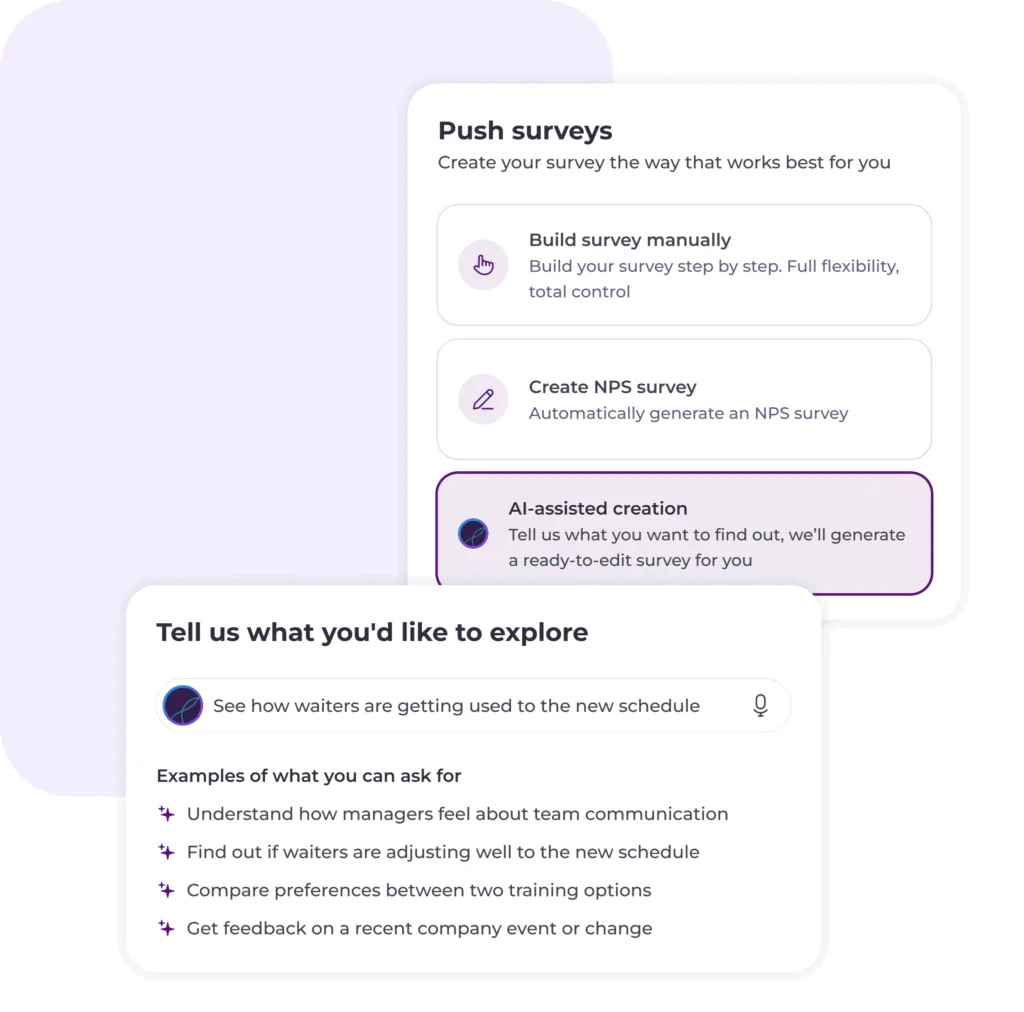 A user interface for creating surveys displays three options: Build manually, Create NPS survey, and AI-assisted creation. Below, sample queries and example survey topics—such as AI in hospitality industry, scheduling, and team communication—are shown.