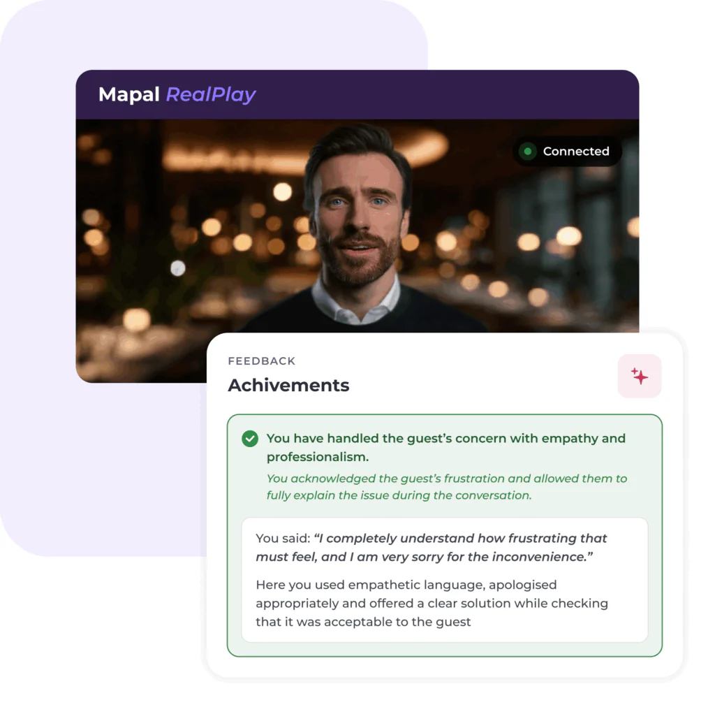 A video call interface shows a man with a beard speaking, labelled Connected. Below, an Achievements feedback card praises handling a guest’s concern with empathy and effective communication—showcasing the impact of AI in the hospitality industry.