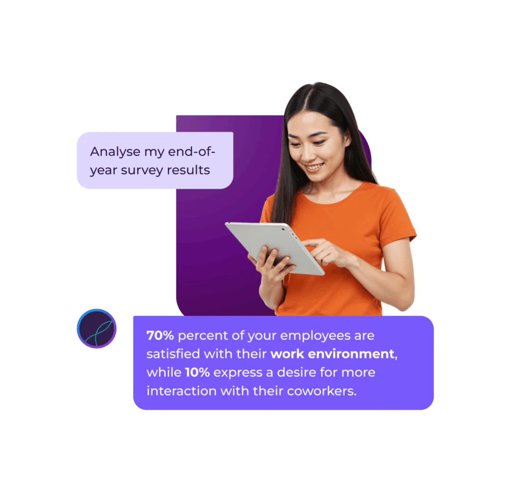 A smiling woman in an orange shirt holds a tablet. A text bubble says, Analyse my end-of-year survey results with AI in hospitality industry. Below, a purple box shows 70% of your employees are satisfied; 10% seek more colleague interaction.