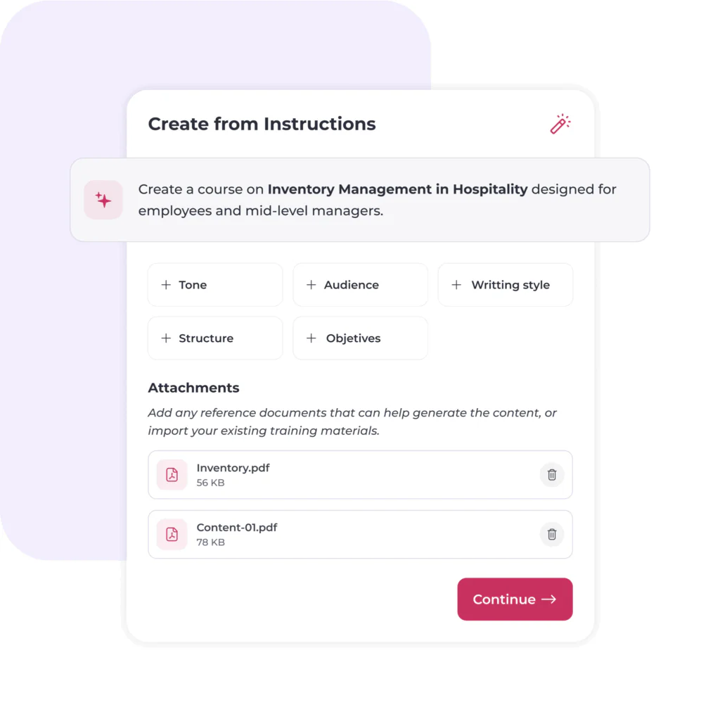 A form titled Create from Instructions displays course details for Inventory Management and AI in Hospitality Industry, with tone, audience, writing style, structure, objectives, and two attached PDF files. A Continue button is at the bottom.