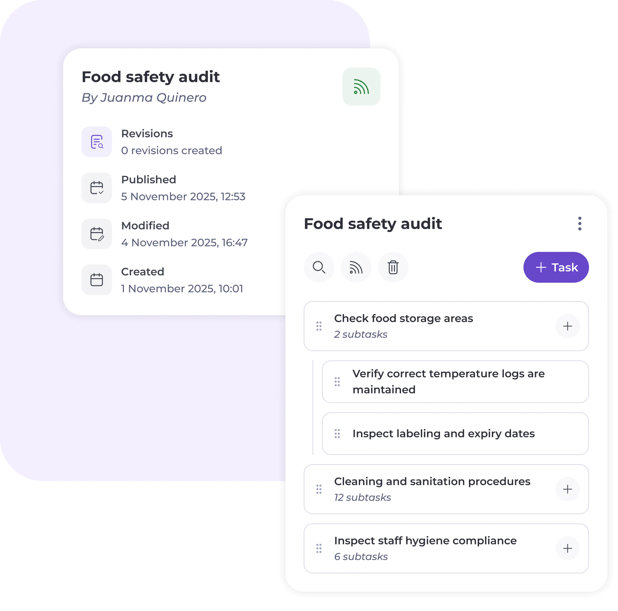 Two overlapping interface cards for a Food safety audit show audit details on the left and a checklist of tasks such as inspecting food storage and labelling on the right, with options to add or manage tasks.