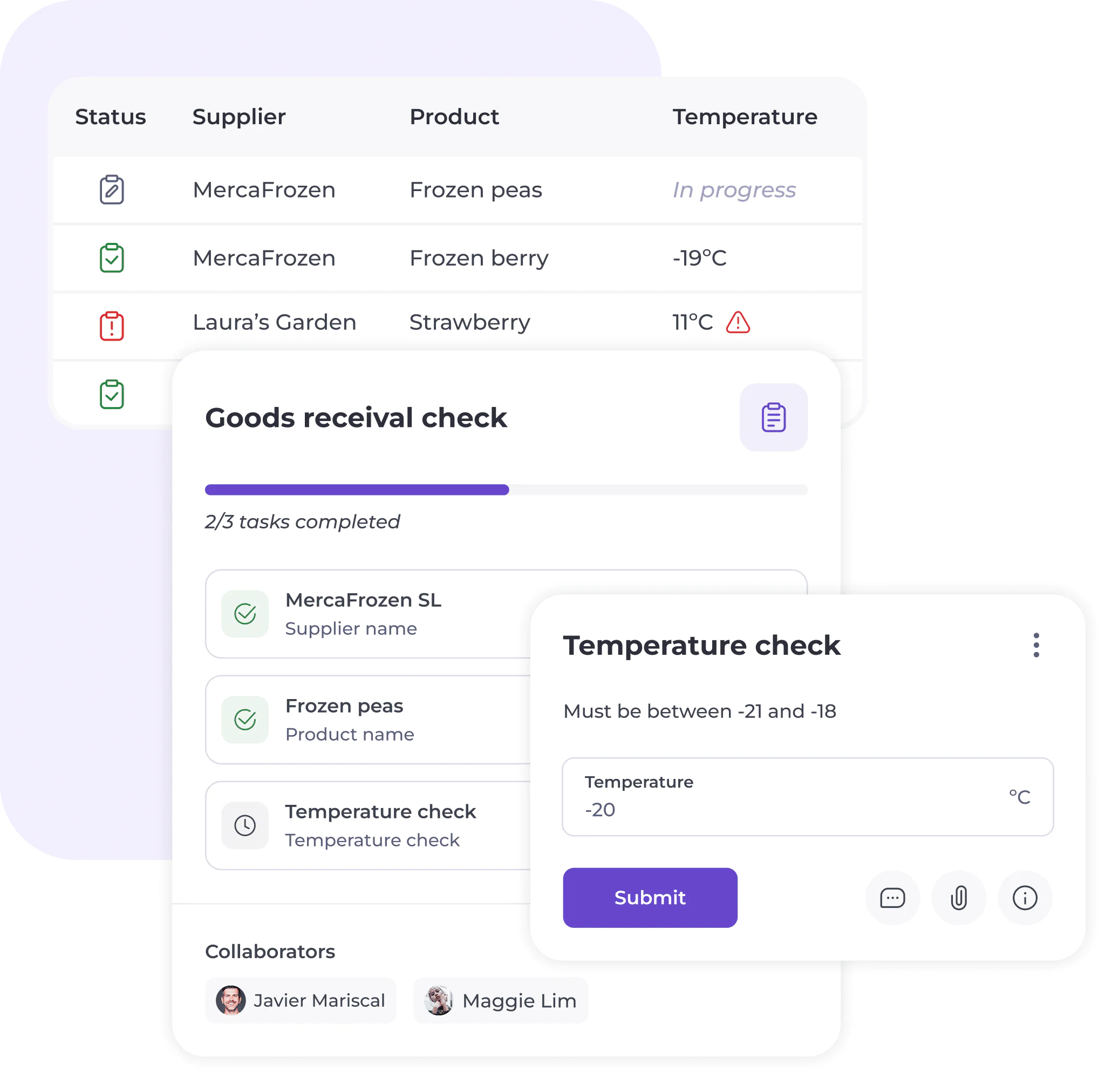 A digital interface shows a goods receipt checklist for food items with suppliers, products, temperature statuses, and a temperature check form set at -20°C. Collaborators' profile icons are visible at the bottom.
