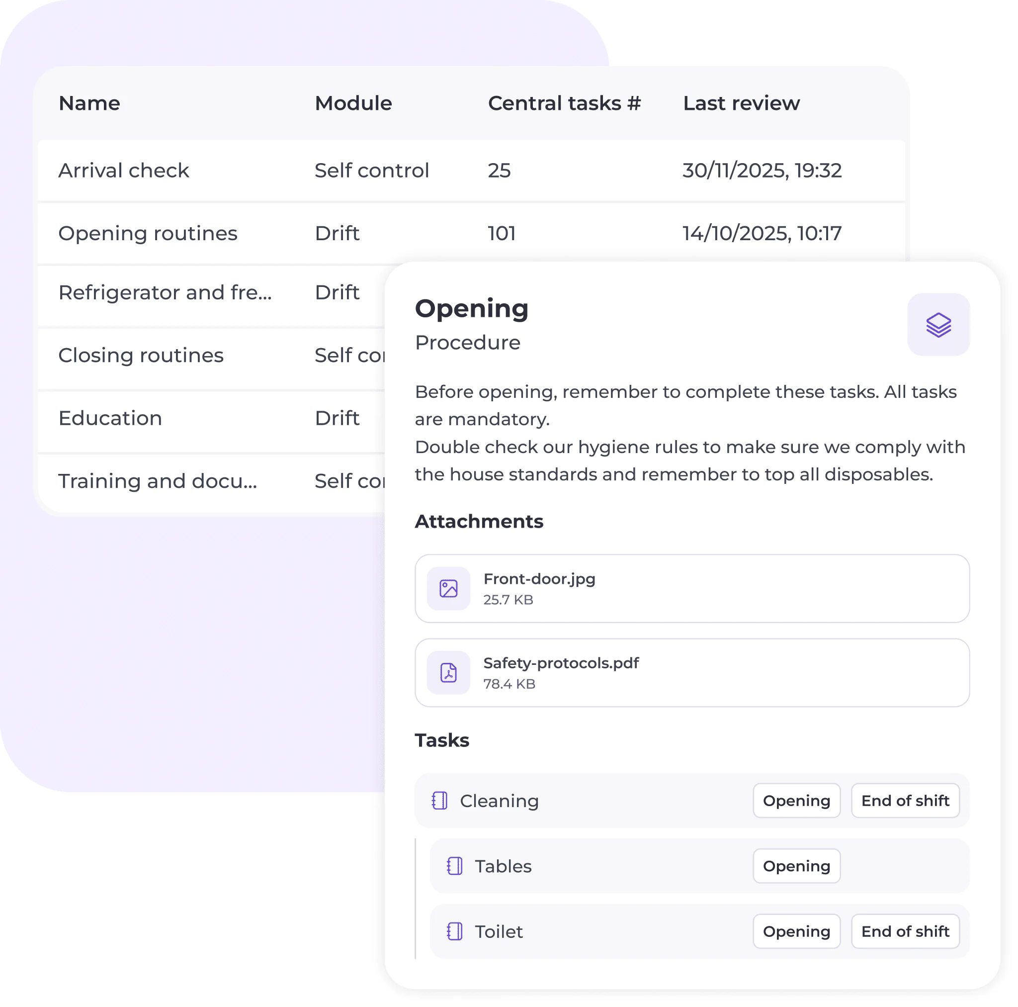 A table lists work modules and tasks next to a pop-up card detailing an Opening procedure, attachments, and tasks for cleaning, tables, and toilet, with options for opening and end of shift.