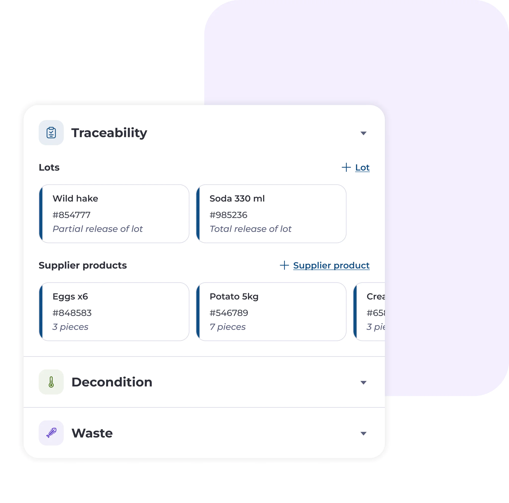 A digital interface displaying traceability info: lots include Wild hake and Soda 330 ml with codes; supplier products listed are Eggs, Potato 5kg, and Cream, each with quantity and code. Deconditioning and Waste sections are collapsed.