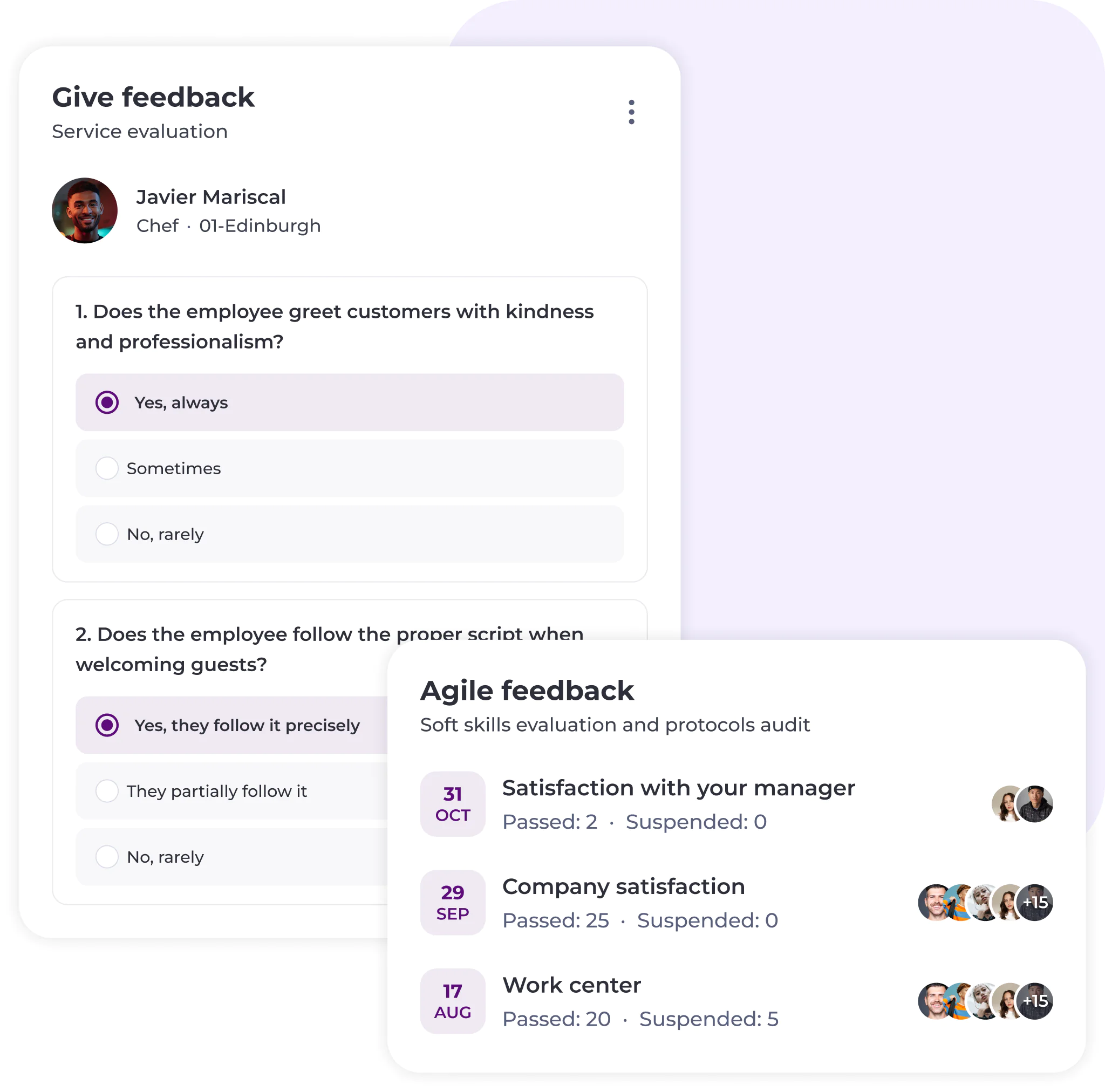 A digital feedback dashboard displays employee evaluation questions with answer options and a summary of agile feedback, showing dates, evaluation topics, and participant icons.