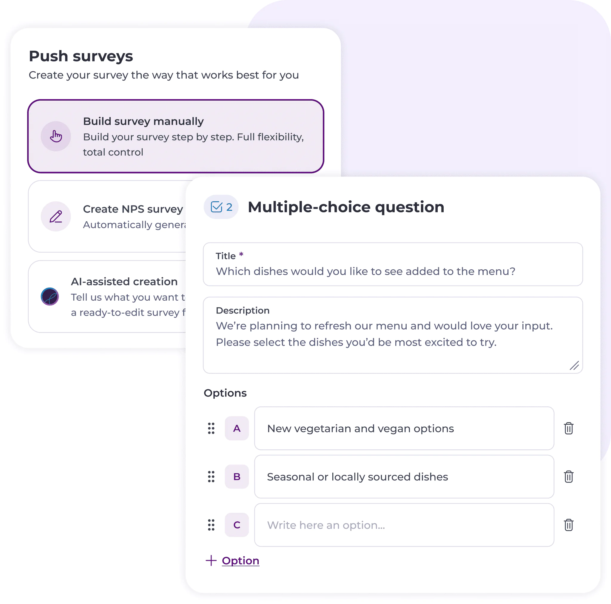 A user interface for creating a survey shows a selected option to build a survey manually and a multiple-choice question editor with fields for the question title, description, and answer options.