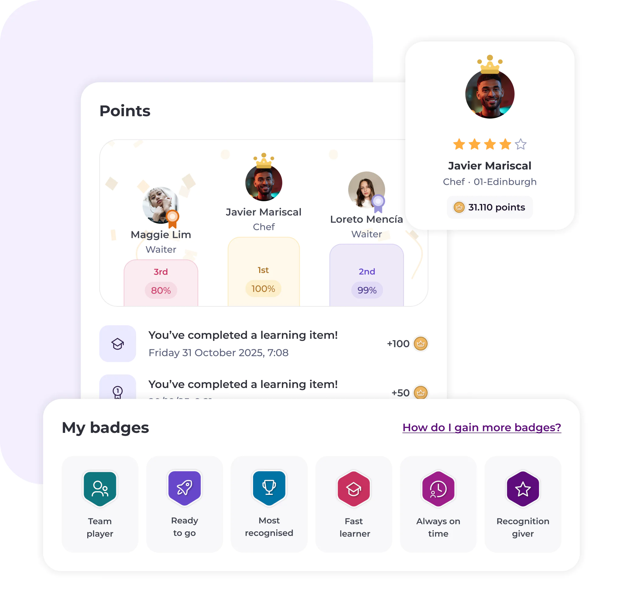 A user profile shows points, badges, and progress. Javier Mariscal, a chef, leads with 31,110 points. The screen displays user roles, completion percentages, points earned, and six colourful achievement badges.