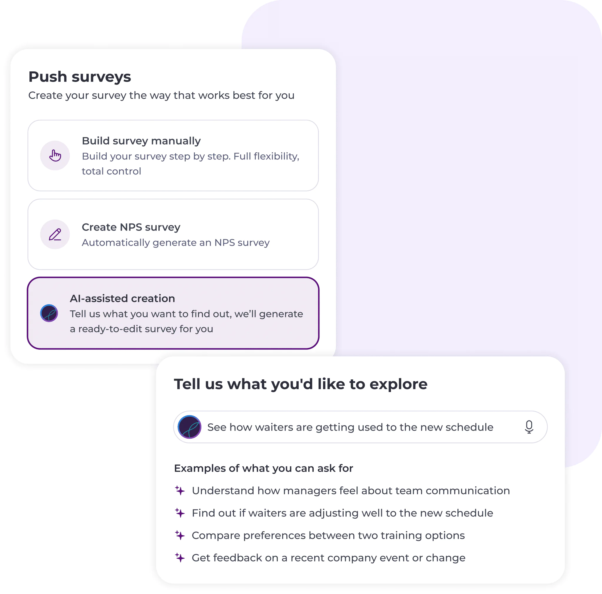 A survey creation interface showing options to build a survey manually, create an NPS survey, or use AI-assisted creation. Below, a search bar prompts for questions, with example exploration topics listed.